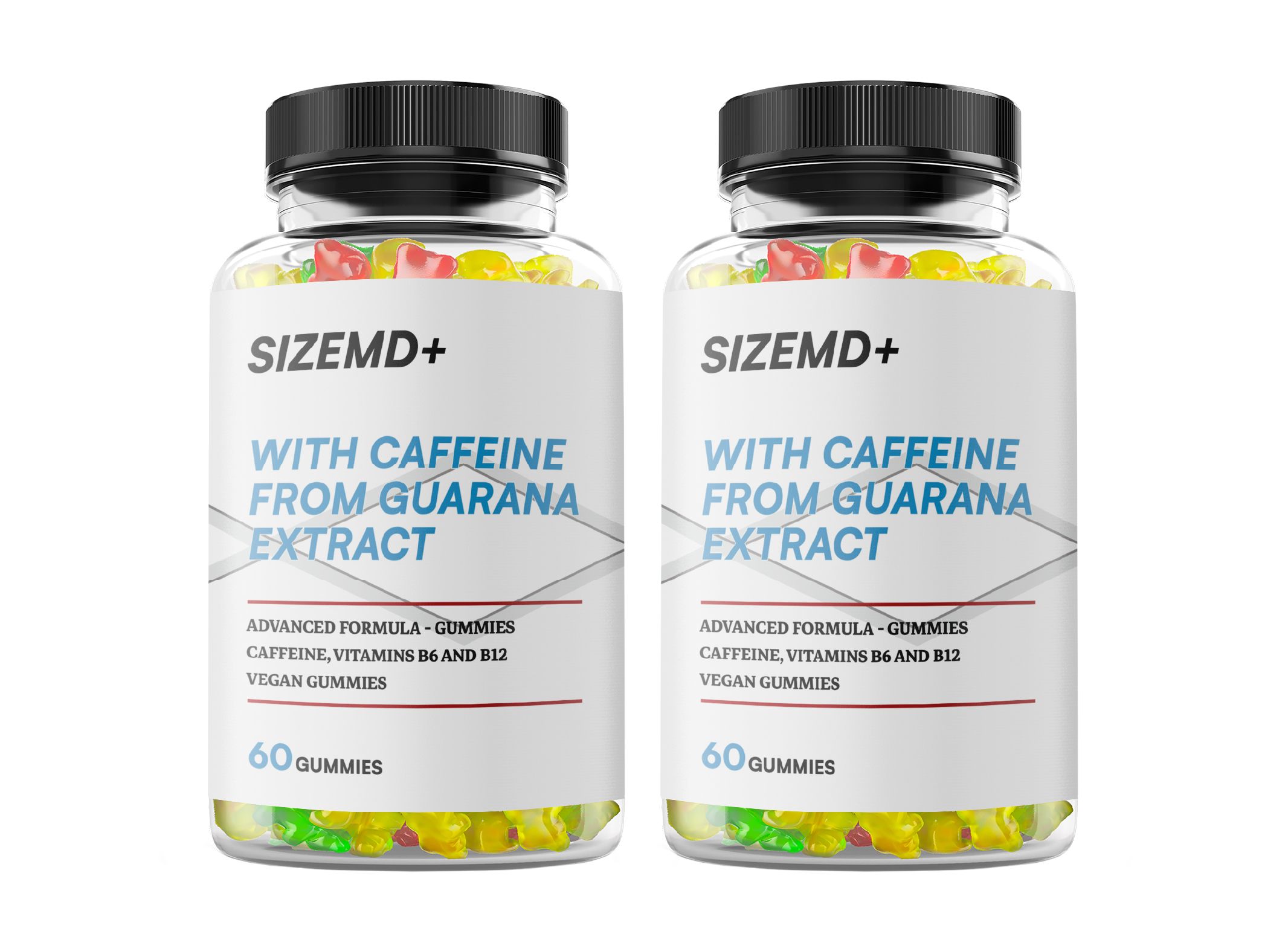 Zwei Flaschen SIZE MD+ mit Koffein aus Guarana Extrakt, 60 vegane Gummis.