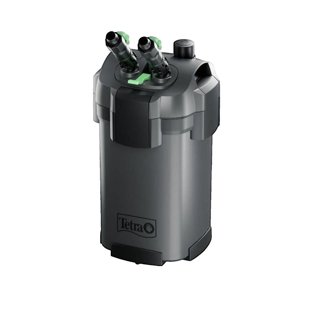 Grauer Aquariumfilter mit grünen Anschlüssen. Zylindrische Form mit abgerundeten Kanten. Marke und Produktname sind sichtbar.