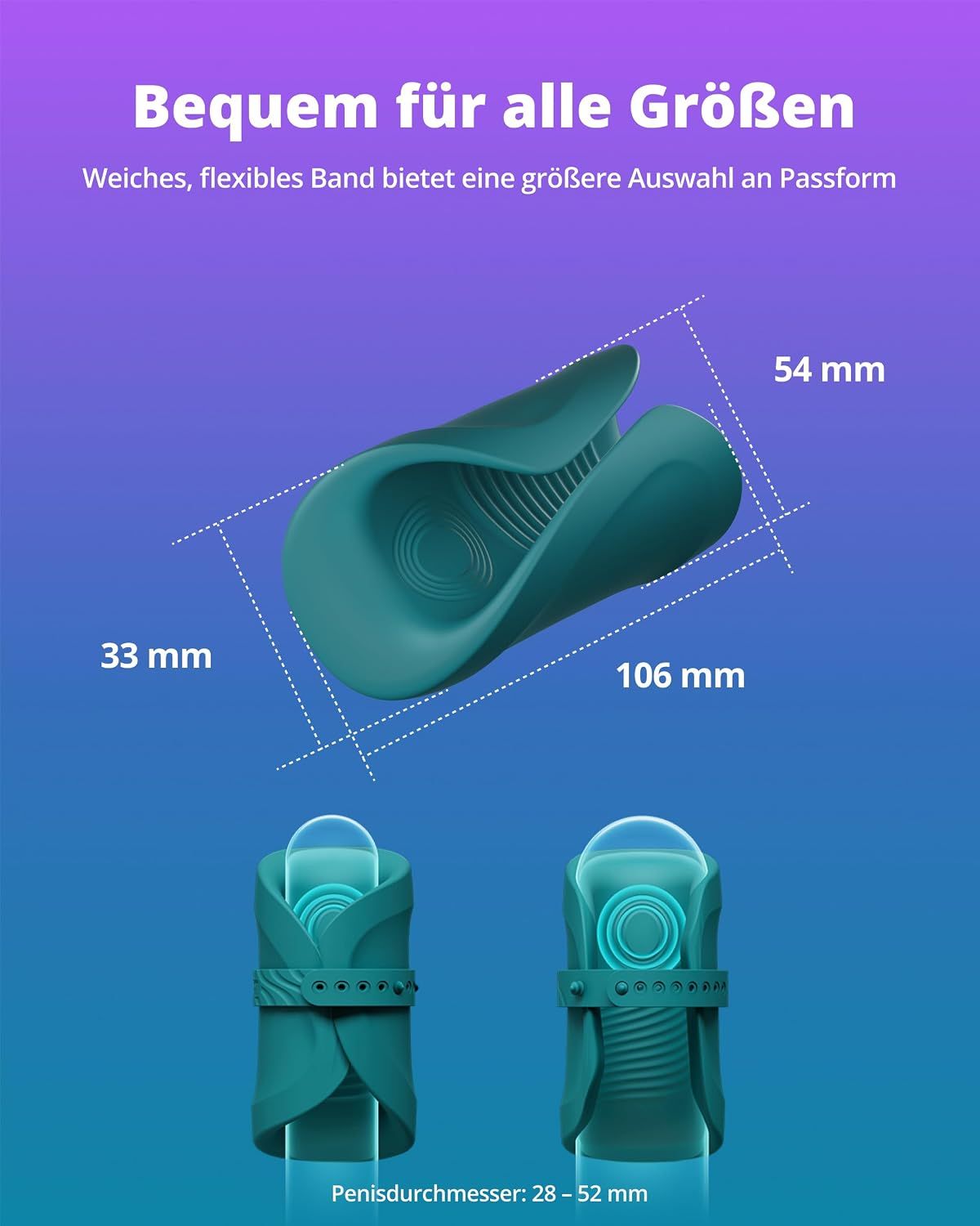 Grünes, flexibles Band mit Maßen 106x54x33 mm, für Penisdurchmesser 28-52 mm.