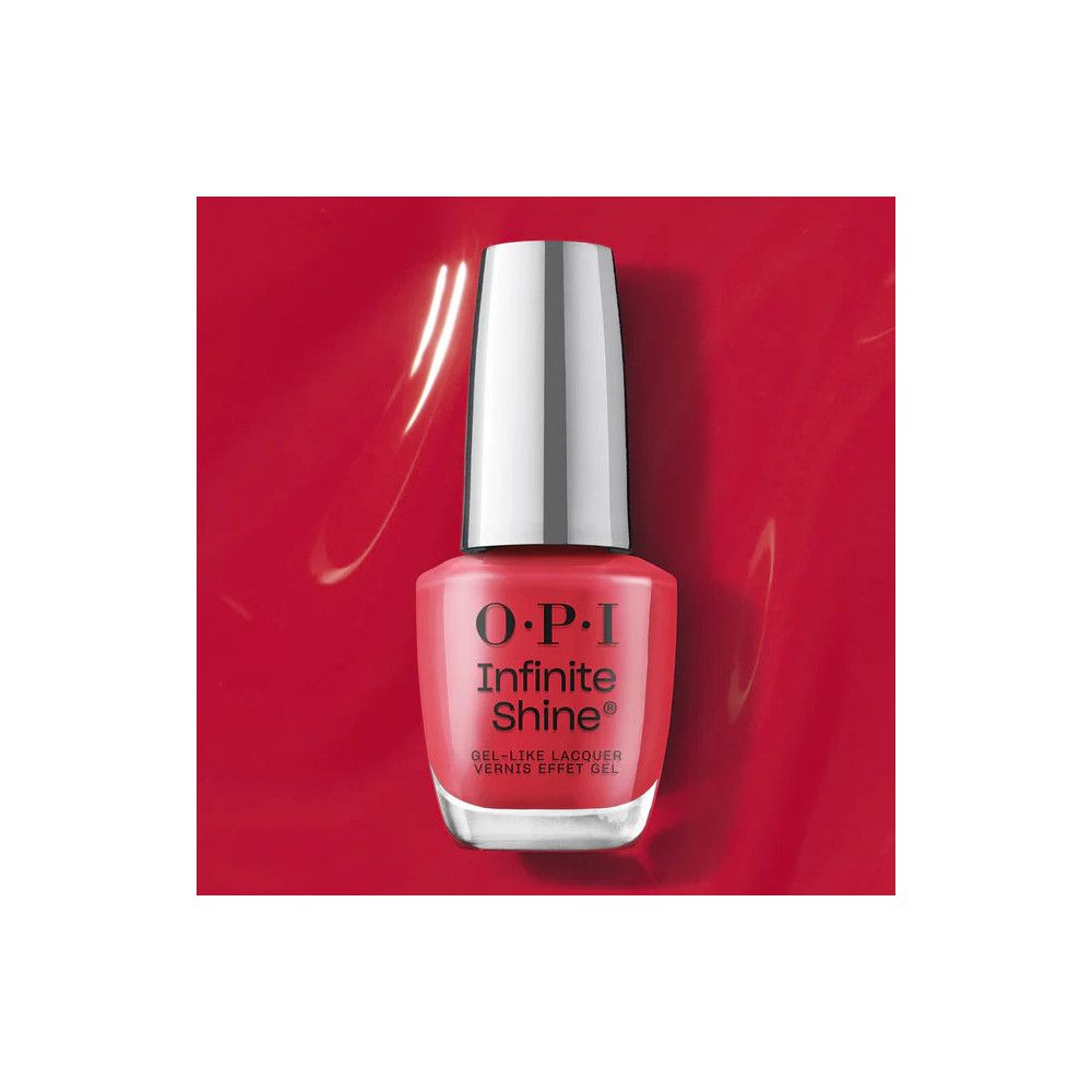 Nagellackflasche mit roter Flüssigkeit. Silberner Deckel. OPI Infinite Shine Schriftzug.