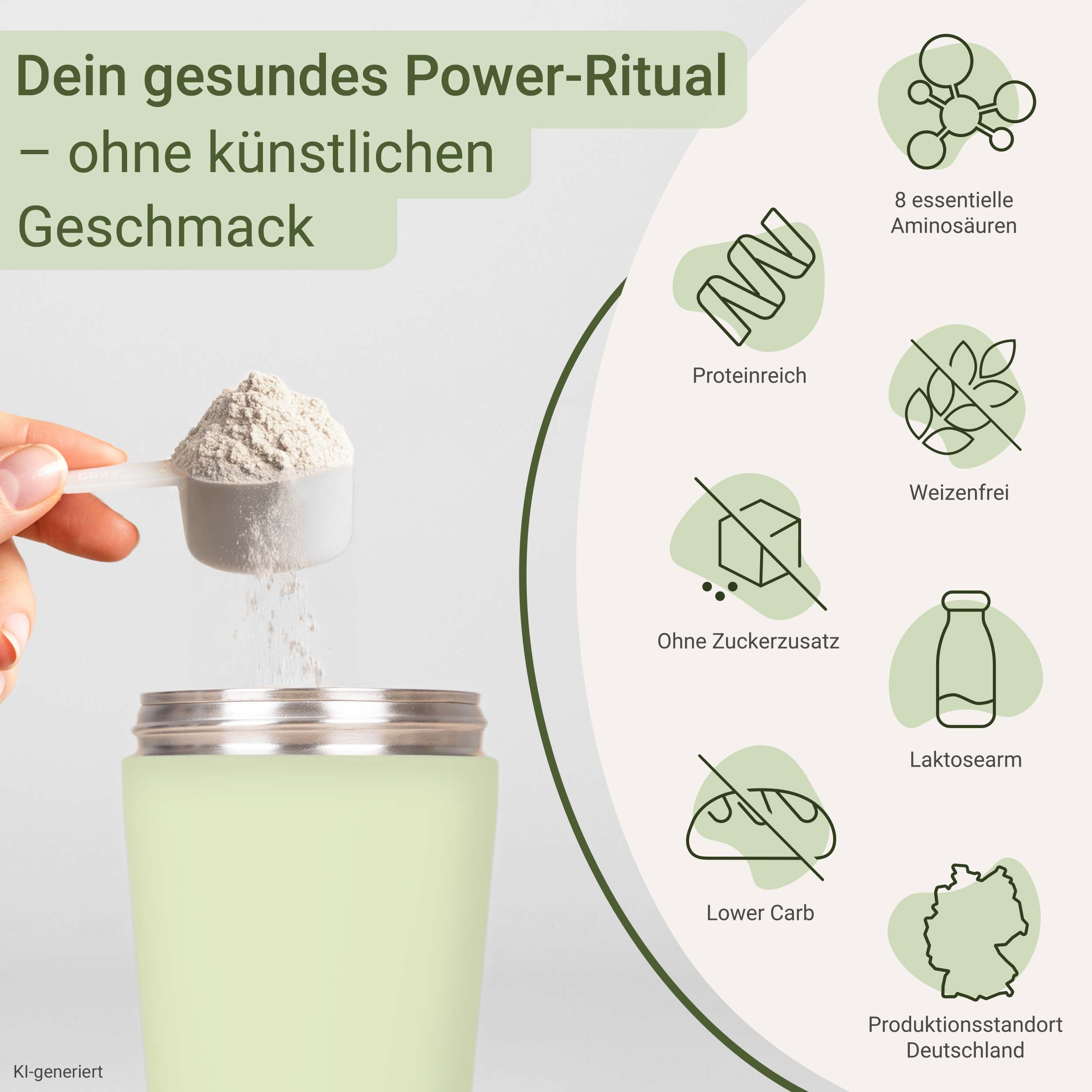 Hand schöpft Eiweißpulver in einen Shaker, daneben Icons mit Produktmerkmalen wie proteinreich und weizenfrei.