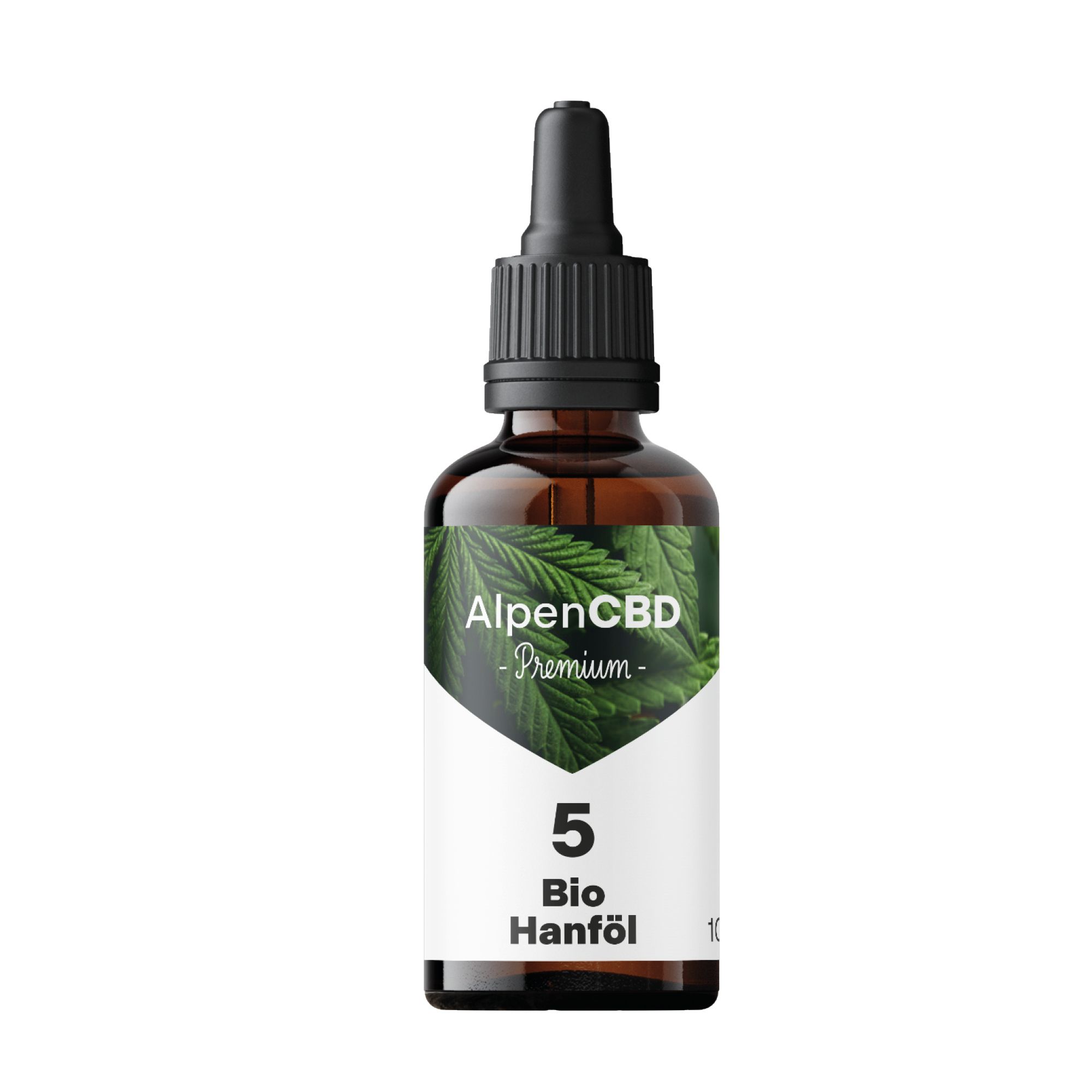 Braune Glasflasche mit Tropfer und weißem Etikett. Auf dem Etikett steht AlpenCBD und Bio Hanföl.