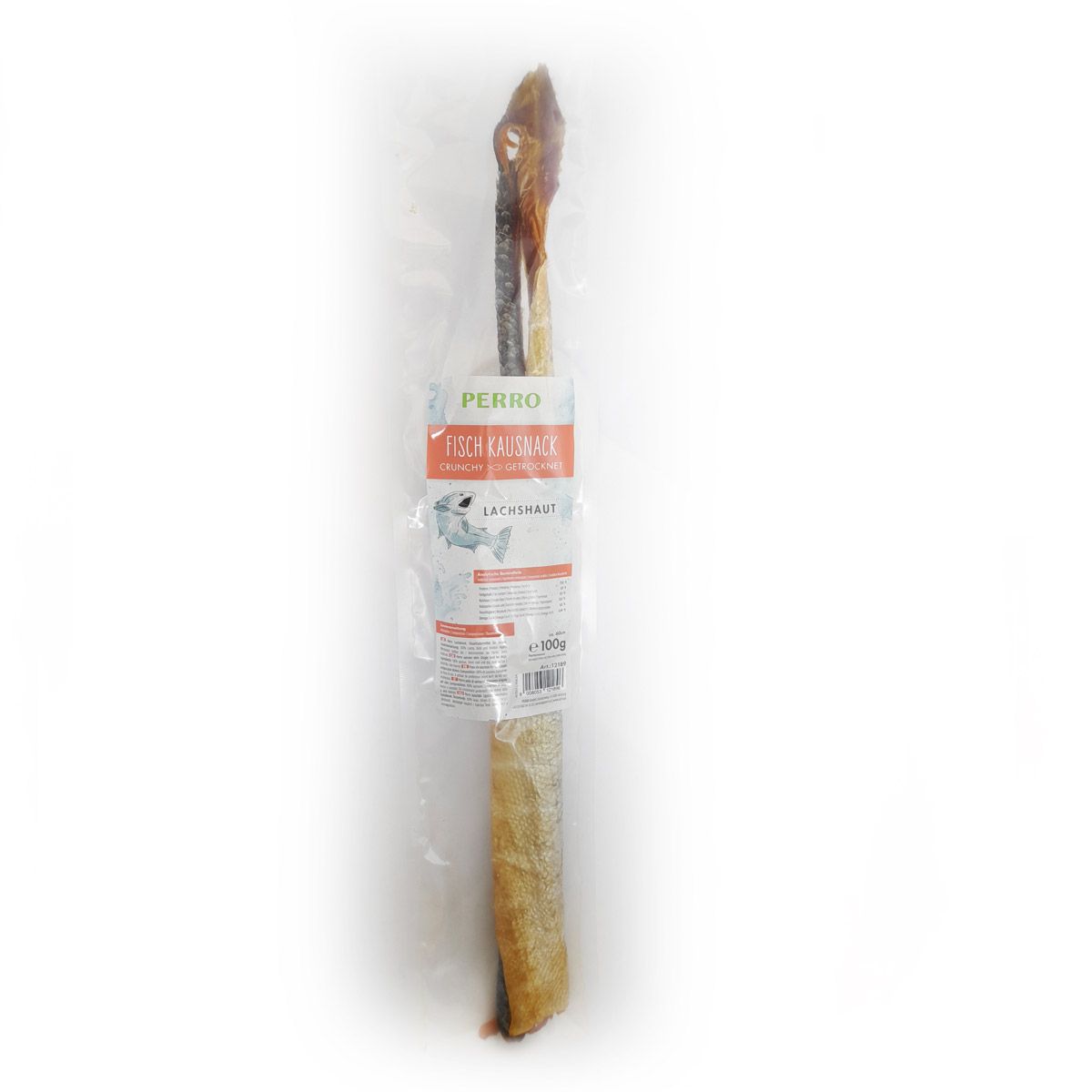 Verpackte Fisch-Kausnack. Das Produkt ist in Folie verpackt und mit einem Etikett versehen. Auf dem Etikett steht "PERRO Fisch Kausnack".