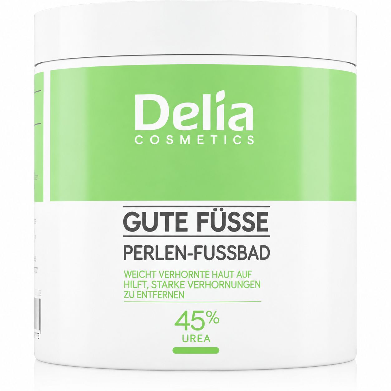 Delia Cosmetics Gute Füße Perlen-Fußbad: Weißer Behälter mit grüner Beschriftung, 45% Urea.