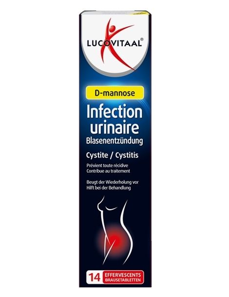 Packung mit 14 Brausetabletten D-Mannose gegen Harnwegsinfektionen und Blasenentzündung.
