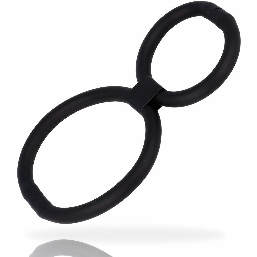 Ein schwarzer, verstellbarer Ring für den Penis, geformt wie eine Acht, auf weißem Hintergrund.