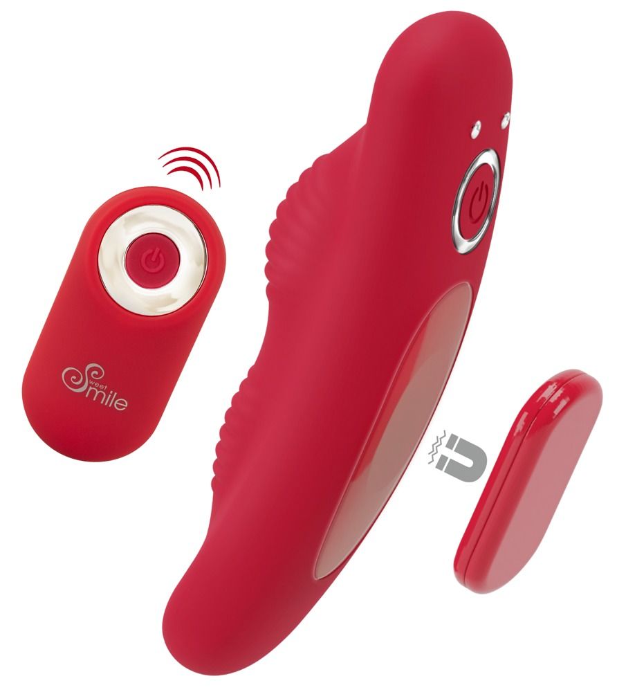 Roter Vibrator mit Fernbedienung und magnetischem Verschluss. Smile-Logo auf der Fernbedienung. Drei Teile.