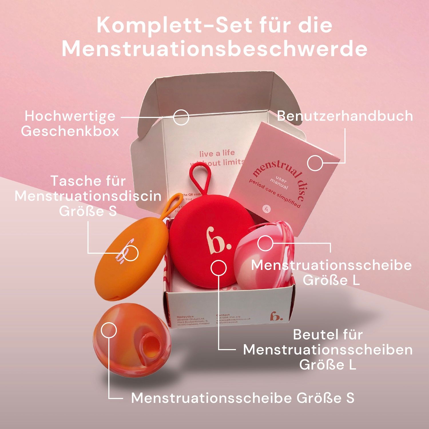 Produkt-Set mit Menstruationsscheiben, Tasche, Handbuch und Geschenkbox. Größen S und L.