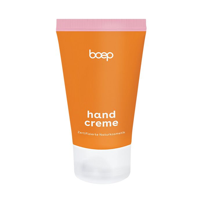 Orange Tube mit rosa Deckel. Aufschrift: boep, hand creme. Zertifizierte Naturkosmetik.