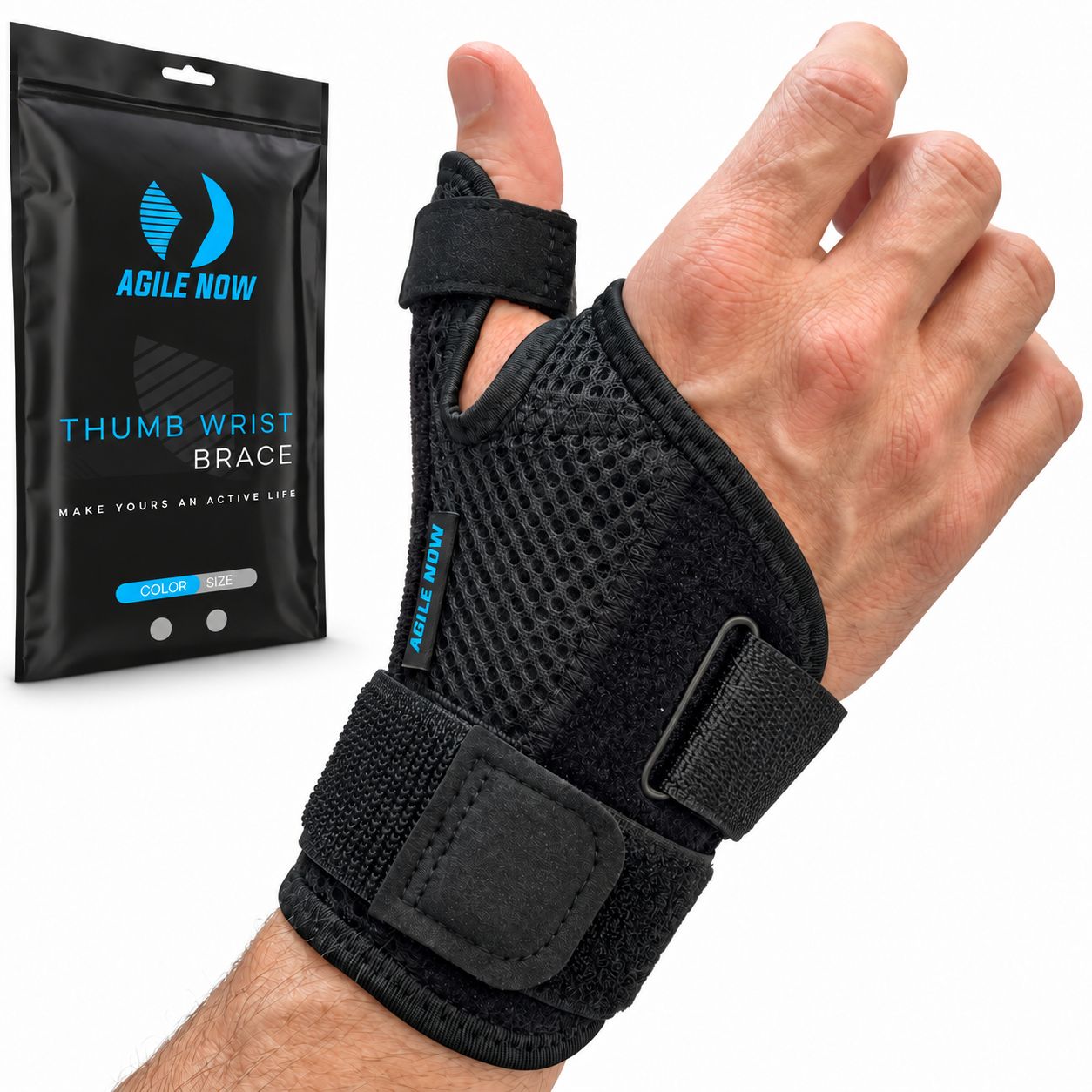 AGILE NOW Daumenbandage an Hand, neben Verpackung "AGILE NOW THUMB WRIST BRACE".