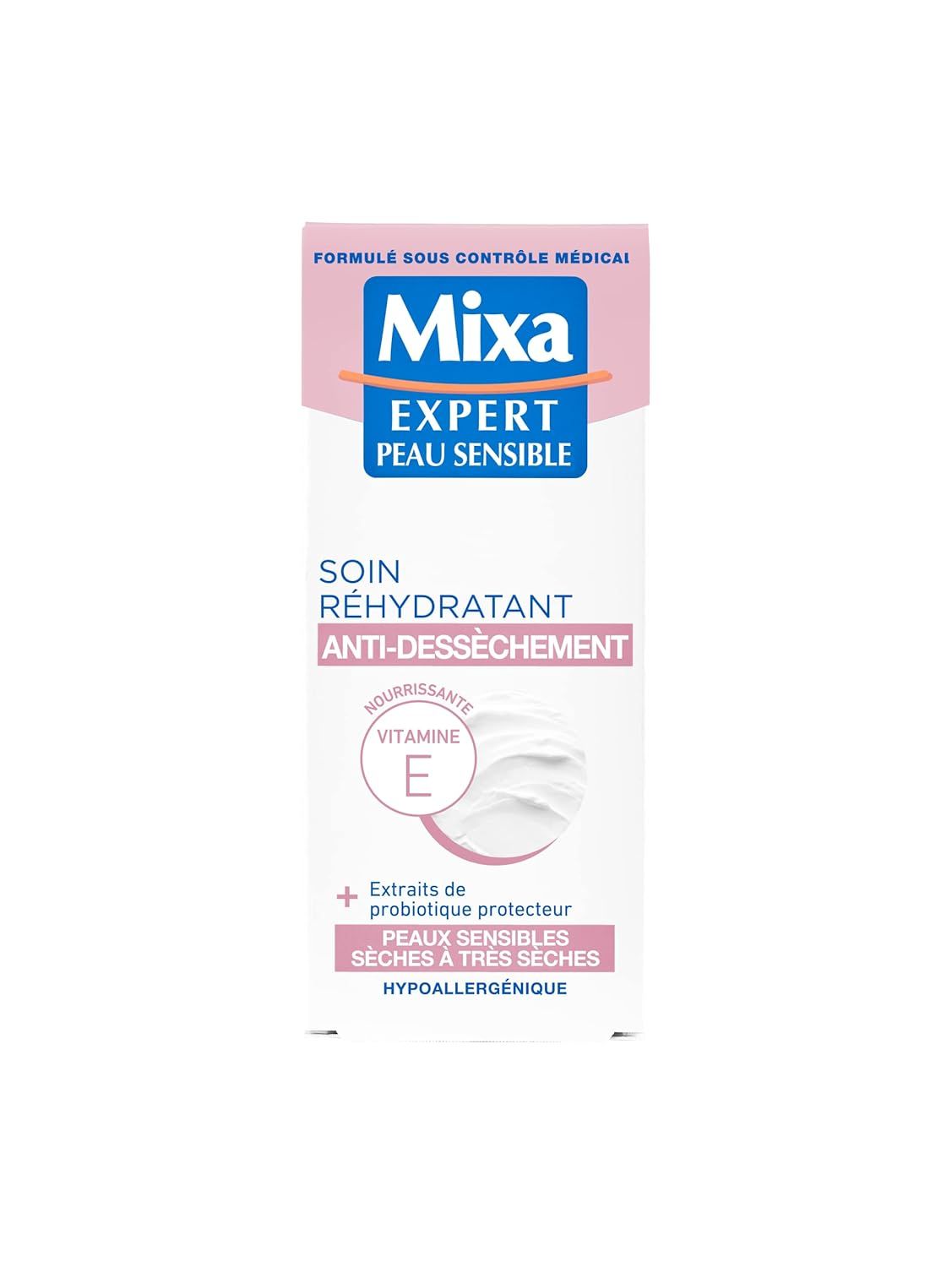 Verpackung von Mixa Expert Peau Sensible. Weiß, mit rosa und blauen Akzenten. Text: "Soin Réhydratant Anti-Dessèchement".