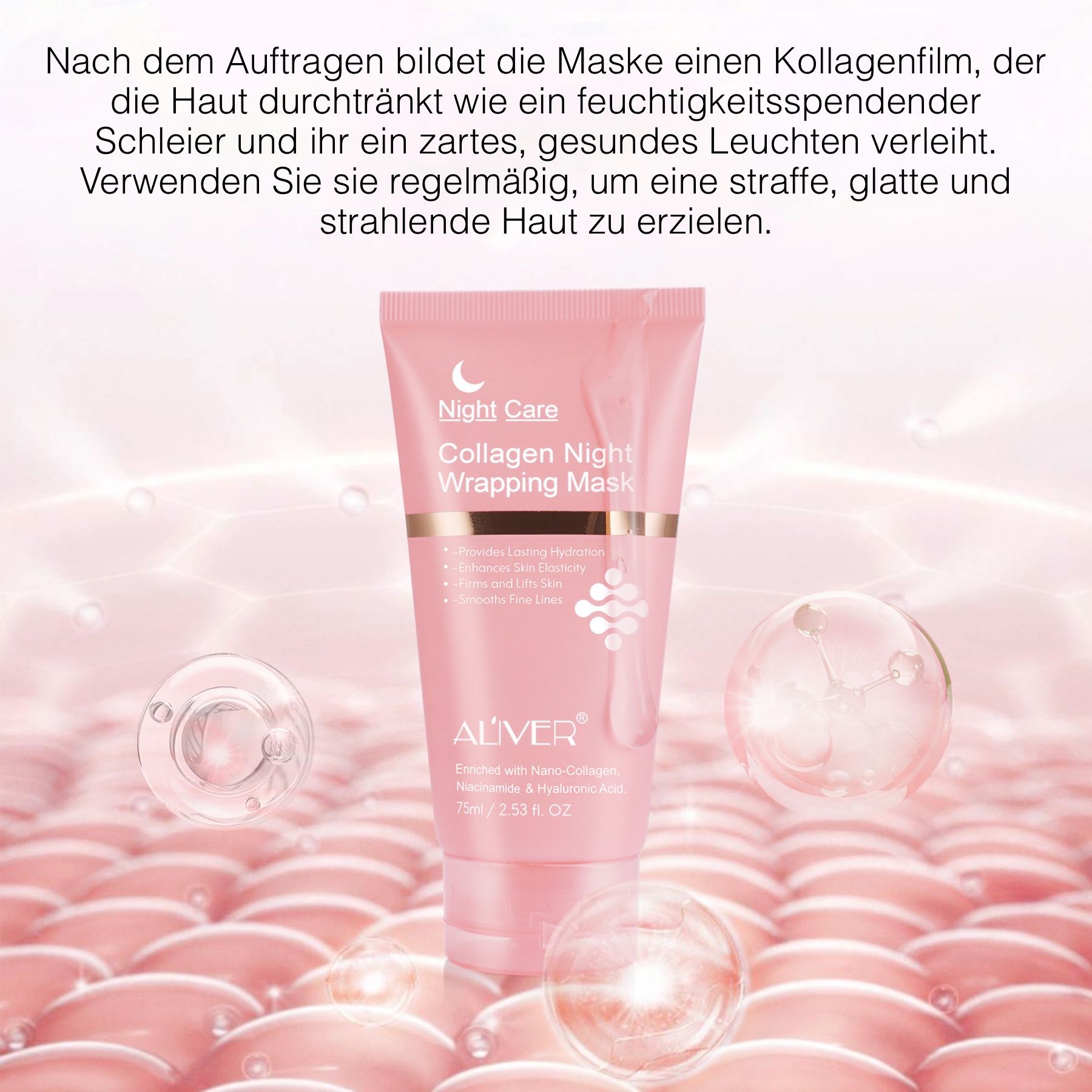 Tube mit ALIVER-Logo. Text: Collagen Night Wrapping Mask. Nach dem Auftragen bildet sich ein Kollagenfilm.