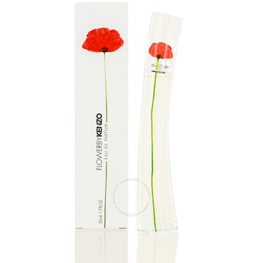 Parfümflasche und Verpackung. Aufdruck: Flower by Kenzo Eau de Parfum. Rote Mohnblume auf weißem Hintergrund.