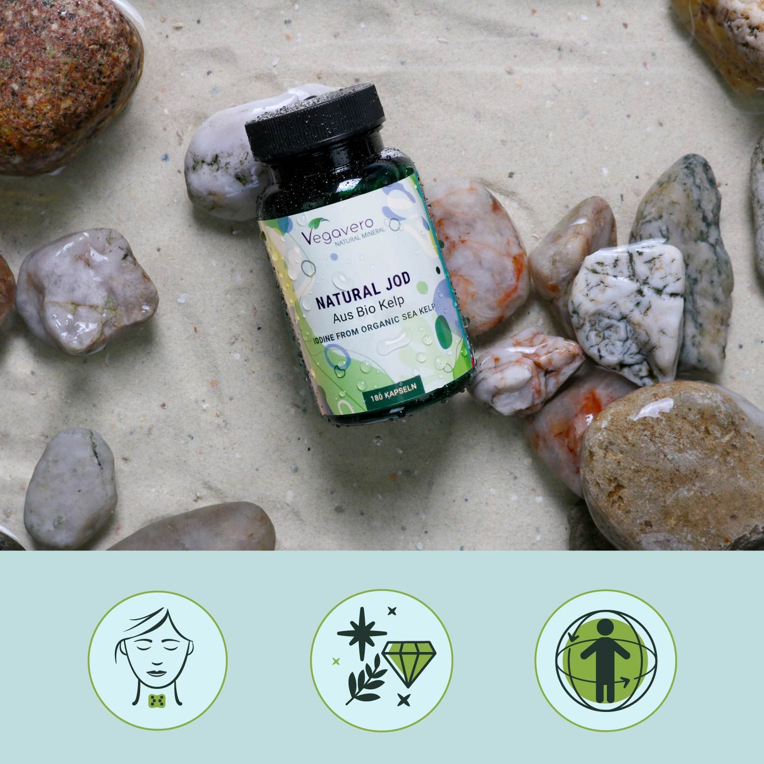 Grüne Flasche mit schwarzen Deckel auf Sand und Steinen. Aufschrift: NATURAL JOD, Aus Bio Kelp. Marke: Vegavaro. Hintergrund mit Icons.