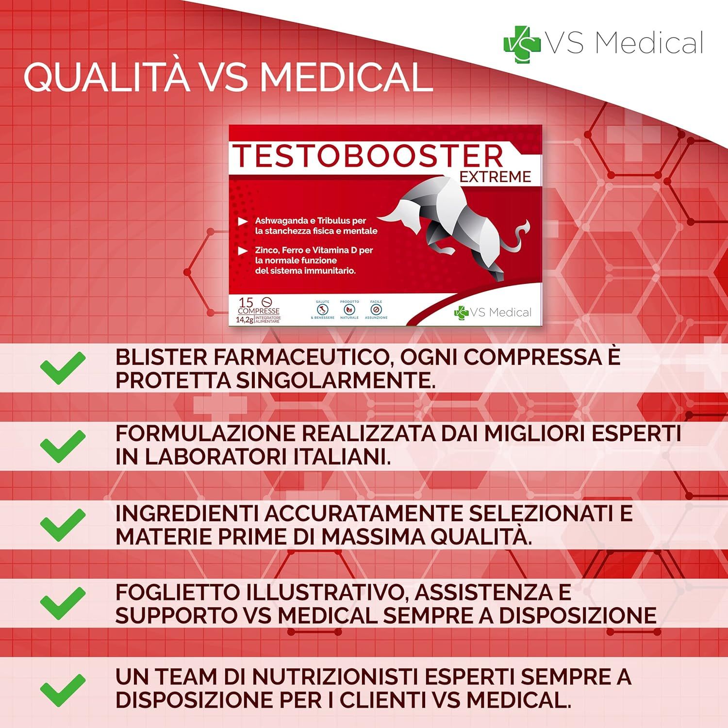 Rote Verpackung mit Produktinformationen. Text: Testobooster Extreme, 15 Tabletten. VS Medical Logo. Grüne Häkchen.