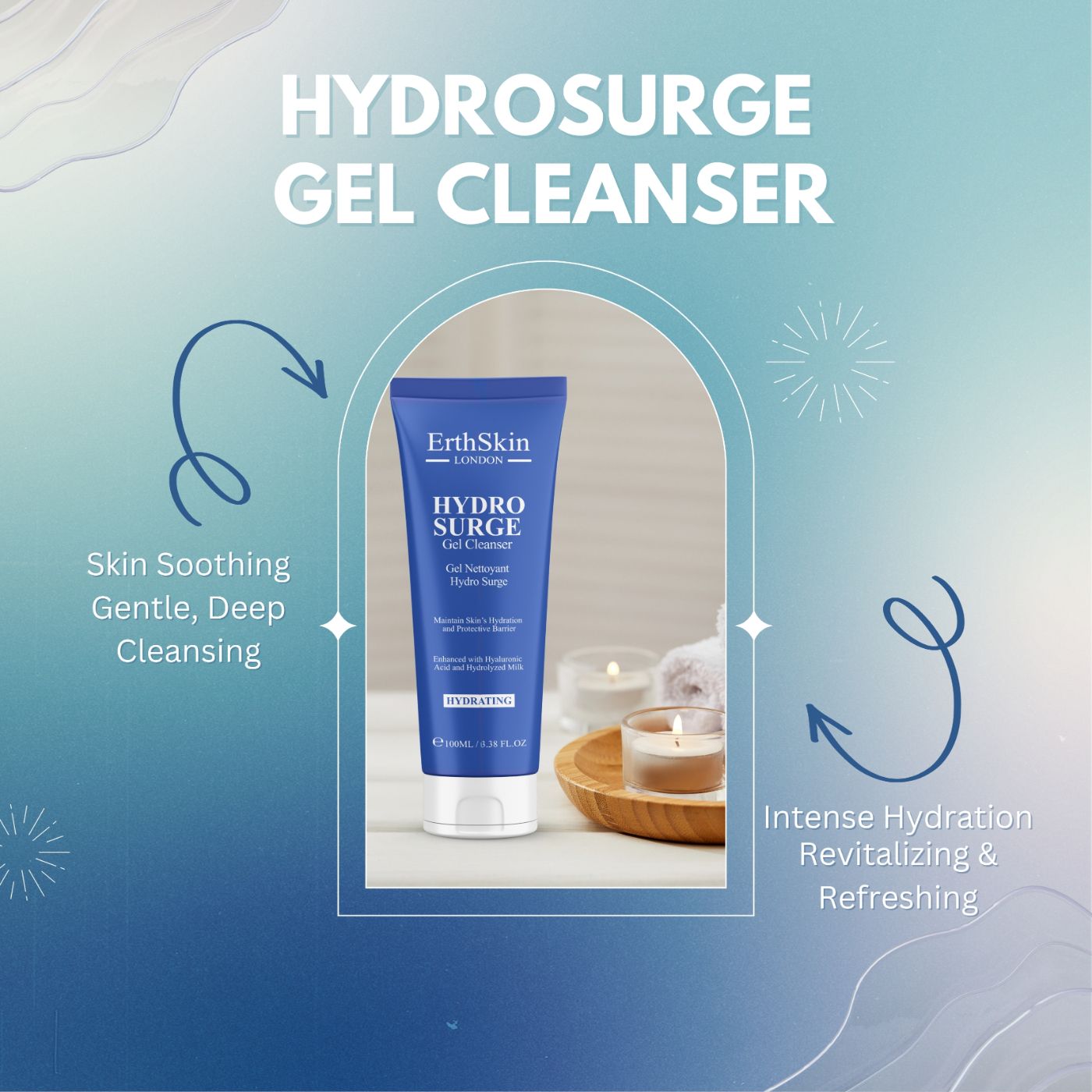 Blaue Tube HYDROSURGE Gel Cleanser. Text: ErthSkin London, HYDROSURGE Gel Cleanser. Illustrationen: Hautberuhigung, intensive Hydratation, sanfte Reinigung.