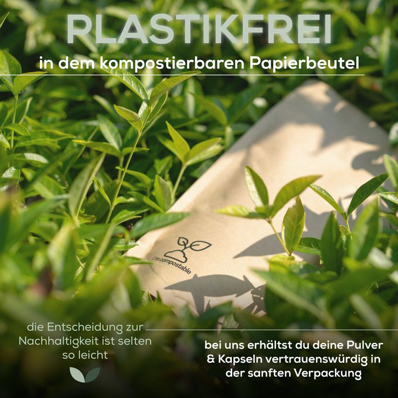 Braune Papierverpackung in grüner Umgebung. Text: Plastikfrei in kompostierbarem Papierbeutel. Entscheidung zur Nachhaltigkeit ist so leicht.