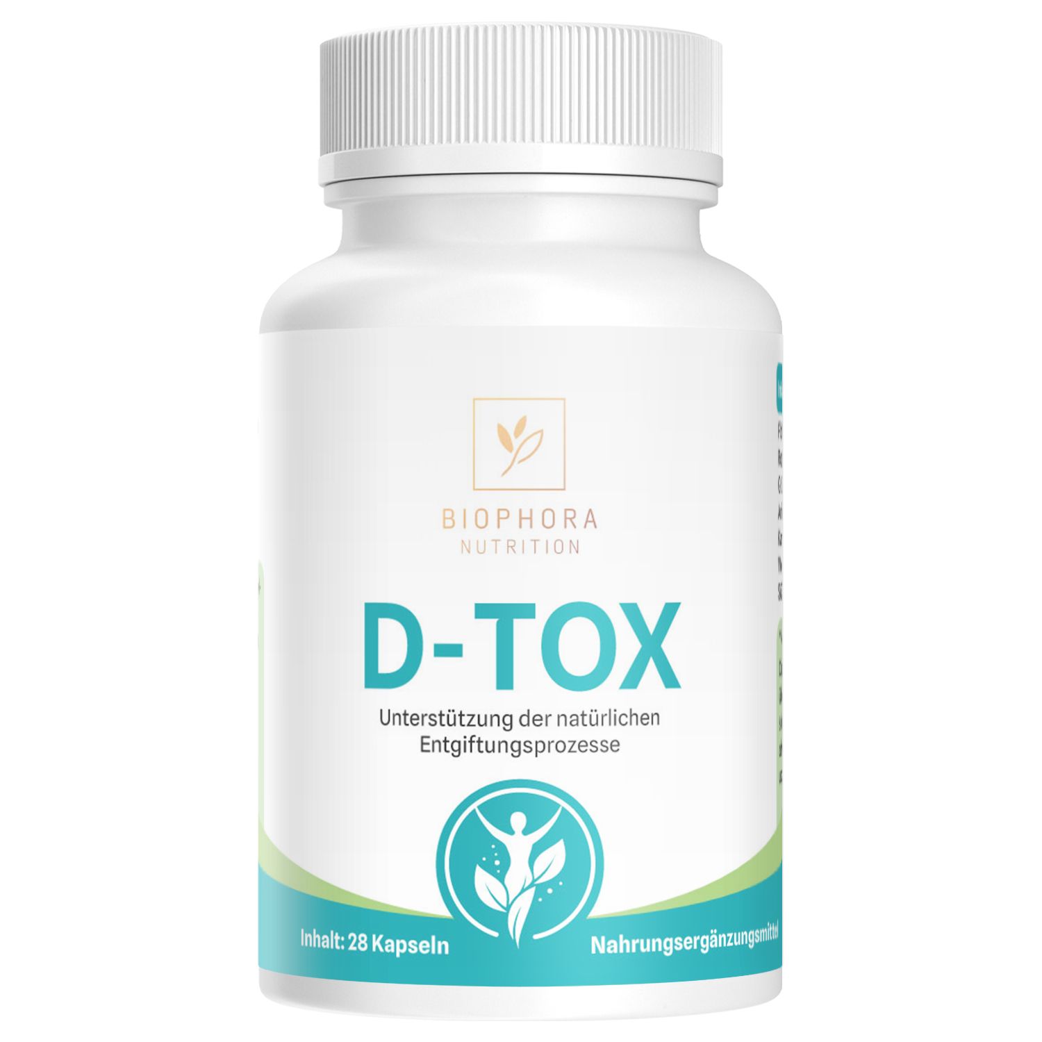 Weiße Flasche mit grüner und blauer Beschriftung. Aufschrift: Biophora Nutrition, D-TOX, 28 Kapseln.