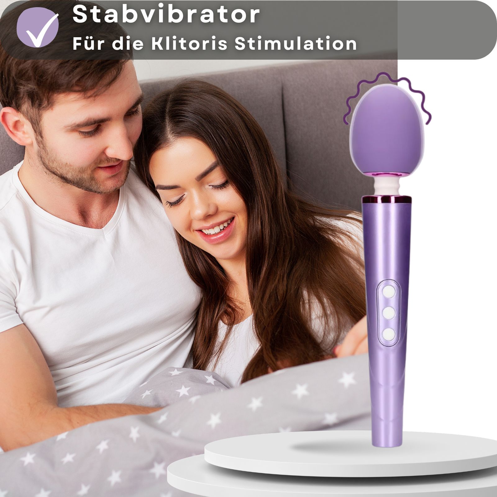 Lila Stabvibrator. Paar im Hintergrund. Text: Für Klitorisstimulation.