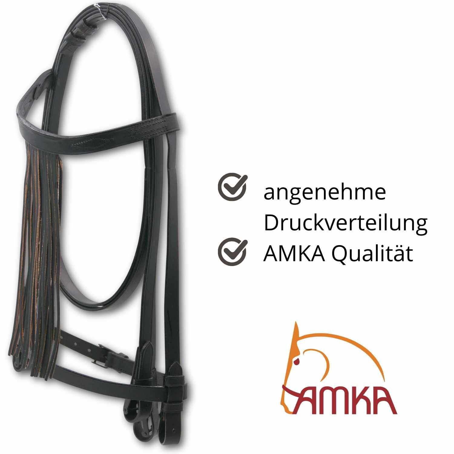Schwarze Trense mit AMKA Qualität. Angenehme Druckverteilung. AMKA Logo.