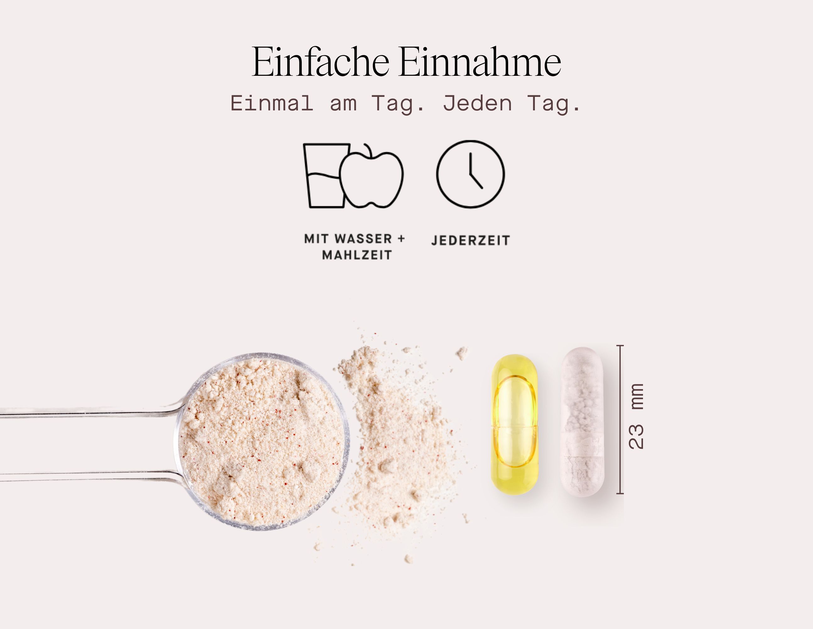 Infografik. Einnahme. Löffel mit Pulver, Kapseln. Text: Mit Wasser + Mahlzeit, jederzeit.