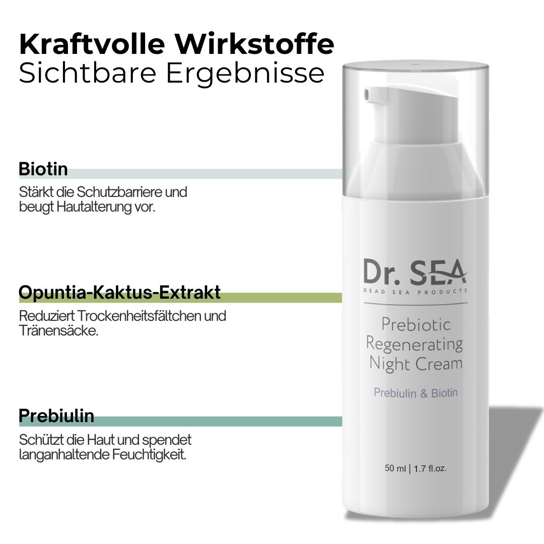 Creme-Flakon. Text: Biotin, Opuntia-Kaktus-Extrakt, Prebiulin. Sichtbare Ergebnisse.