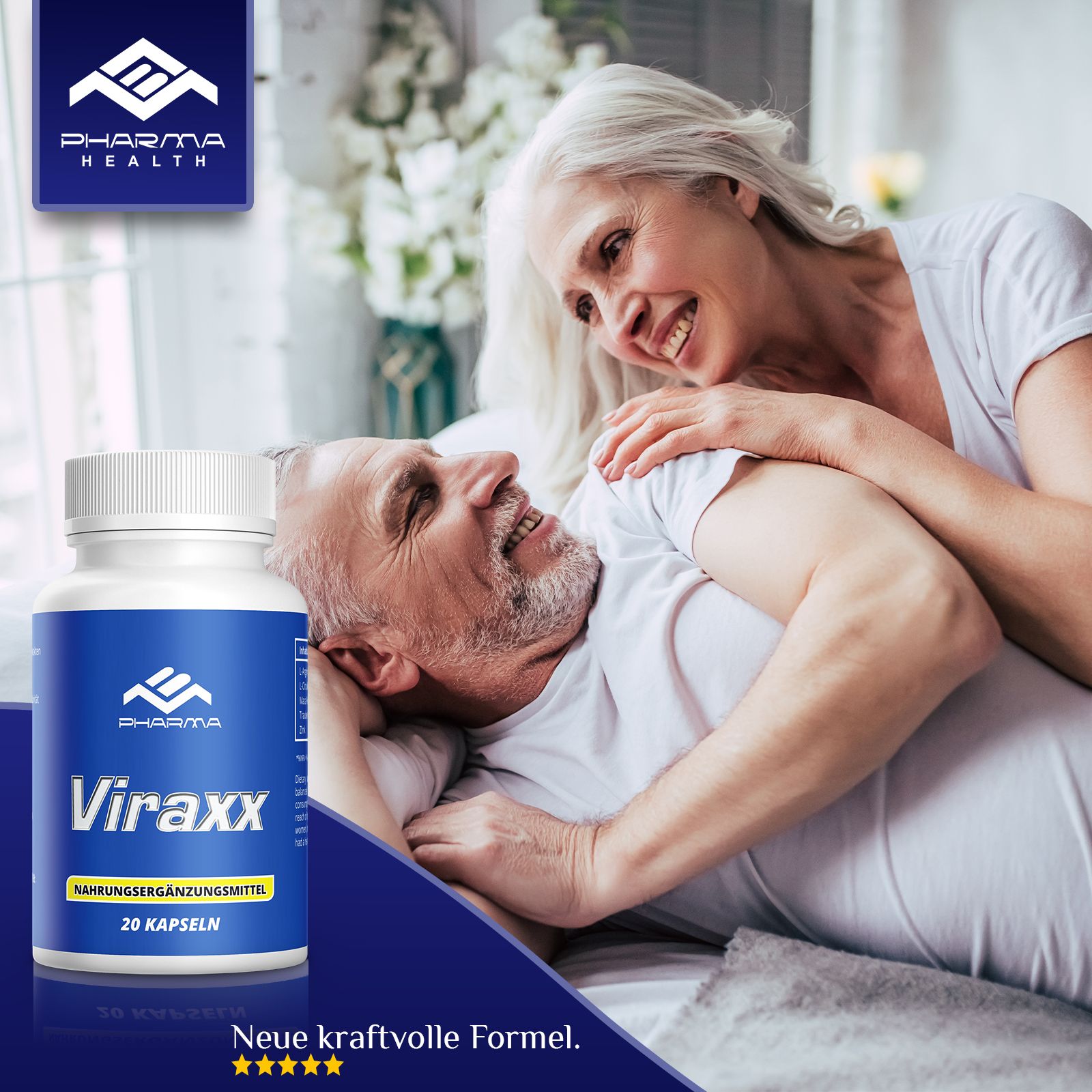 Werbebild mit Flasche Viraxx, Pharma. Text: Neue kraftvolle Formel. Bild von älterem Paar im Bett.
