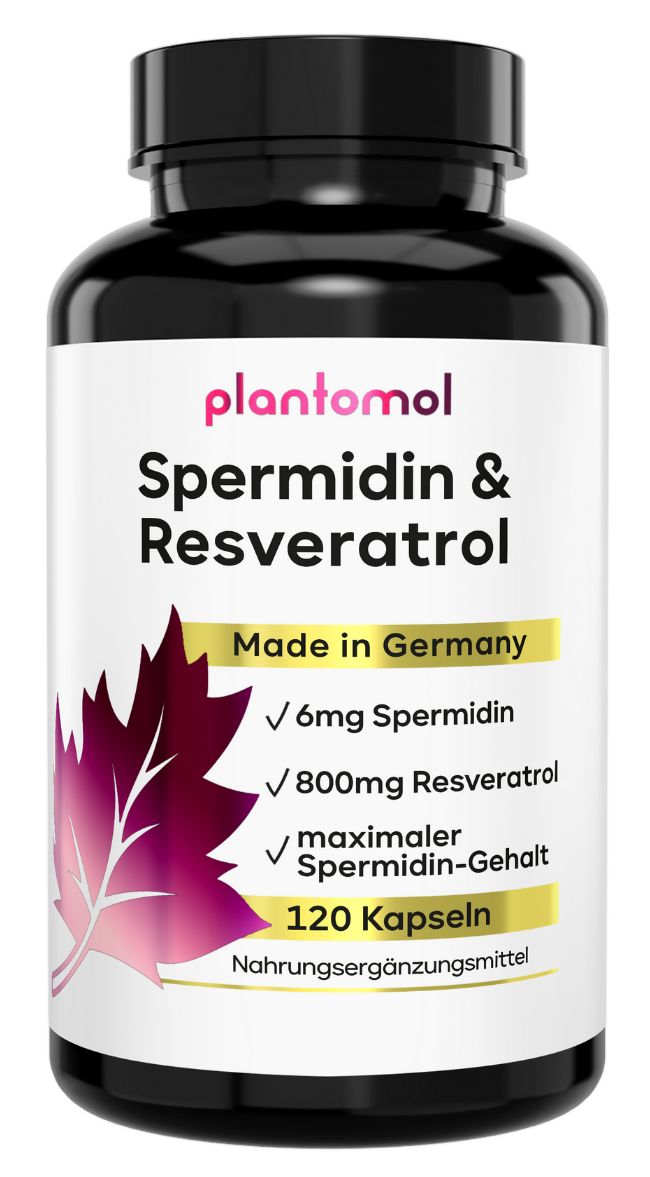 Schwarze Flasche mit weißen Etikett. Aufschrift: plantomol Spermidin & Resveratrol. 120 Kapseln. Made in Germany.