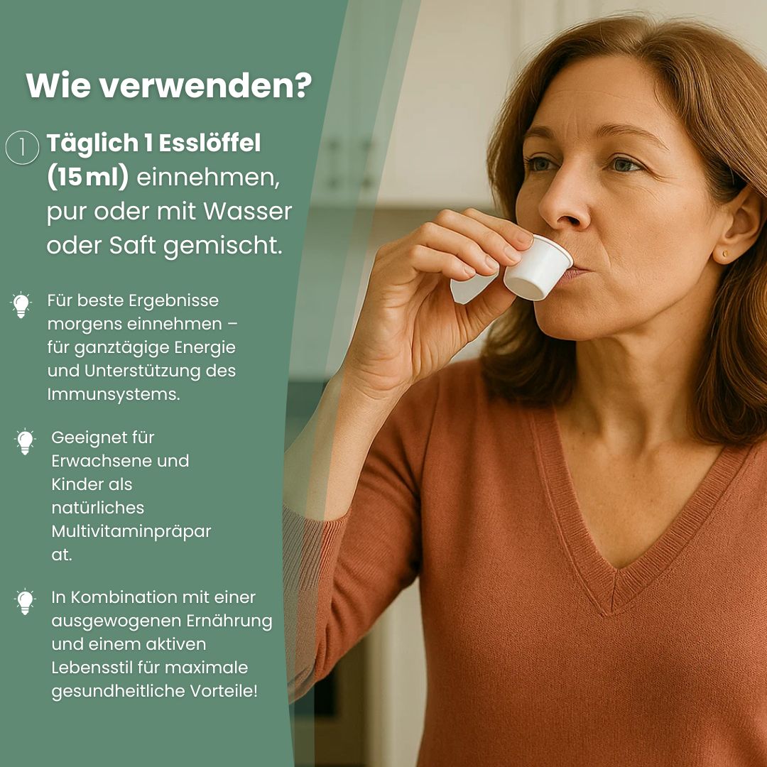 Frau nimmt Biostile Max Fruit King Saft mit einem Messlöffel ein.