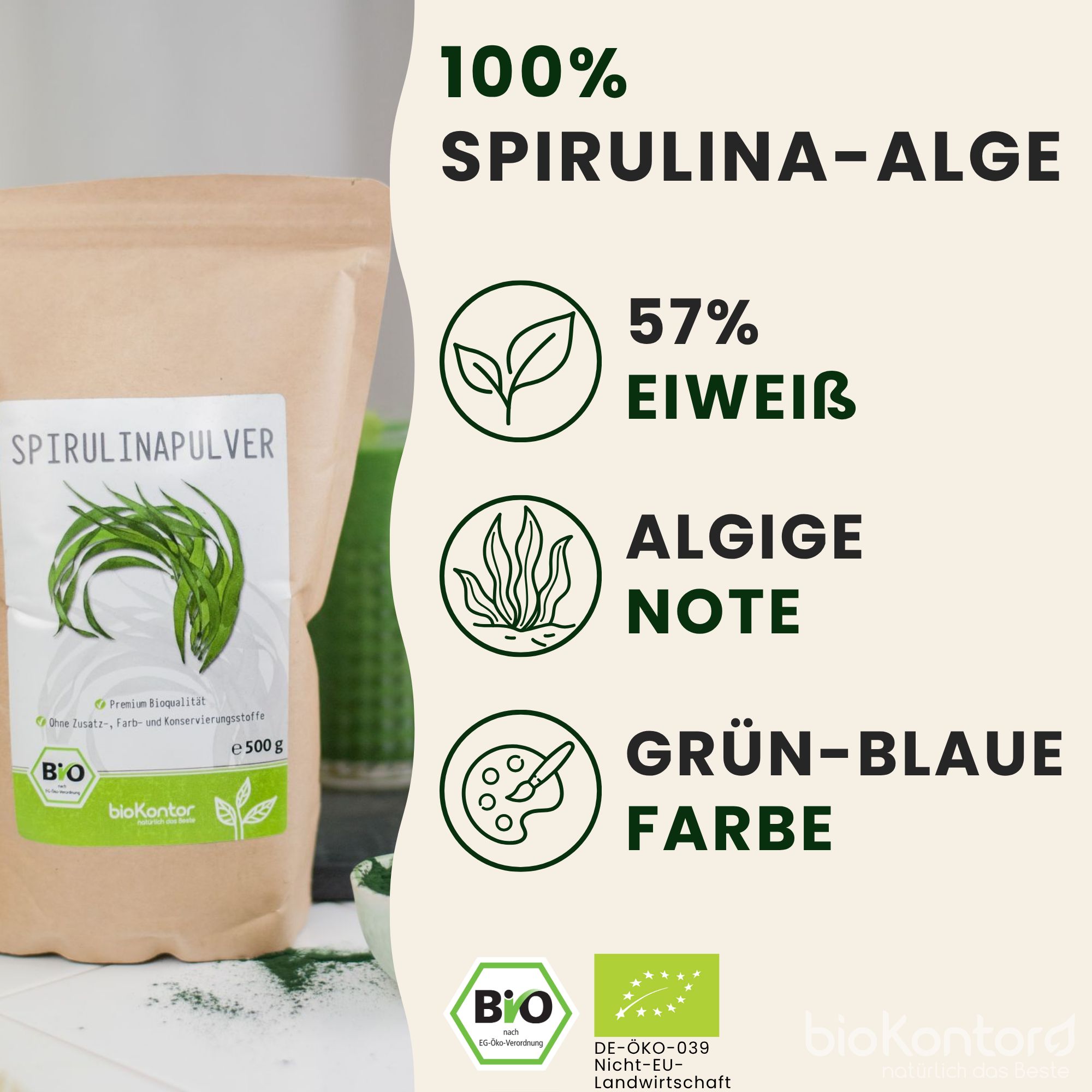 Bio-Spirulinapulver: 100% Spirulina-Alge, 57% Eiweiß, algige Note, grün-blaue Farbe.