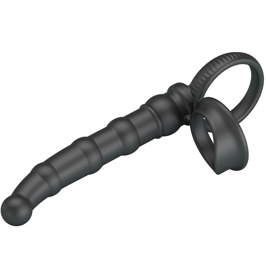 Schwarzer Penisring mit Rillen und ergonomischem Griff, aus einer anderen Seitenansicht.