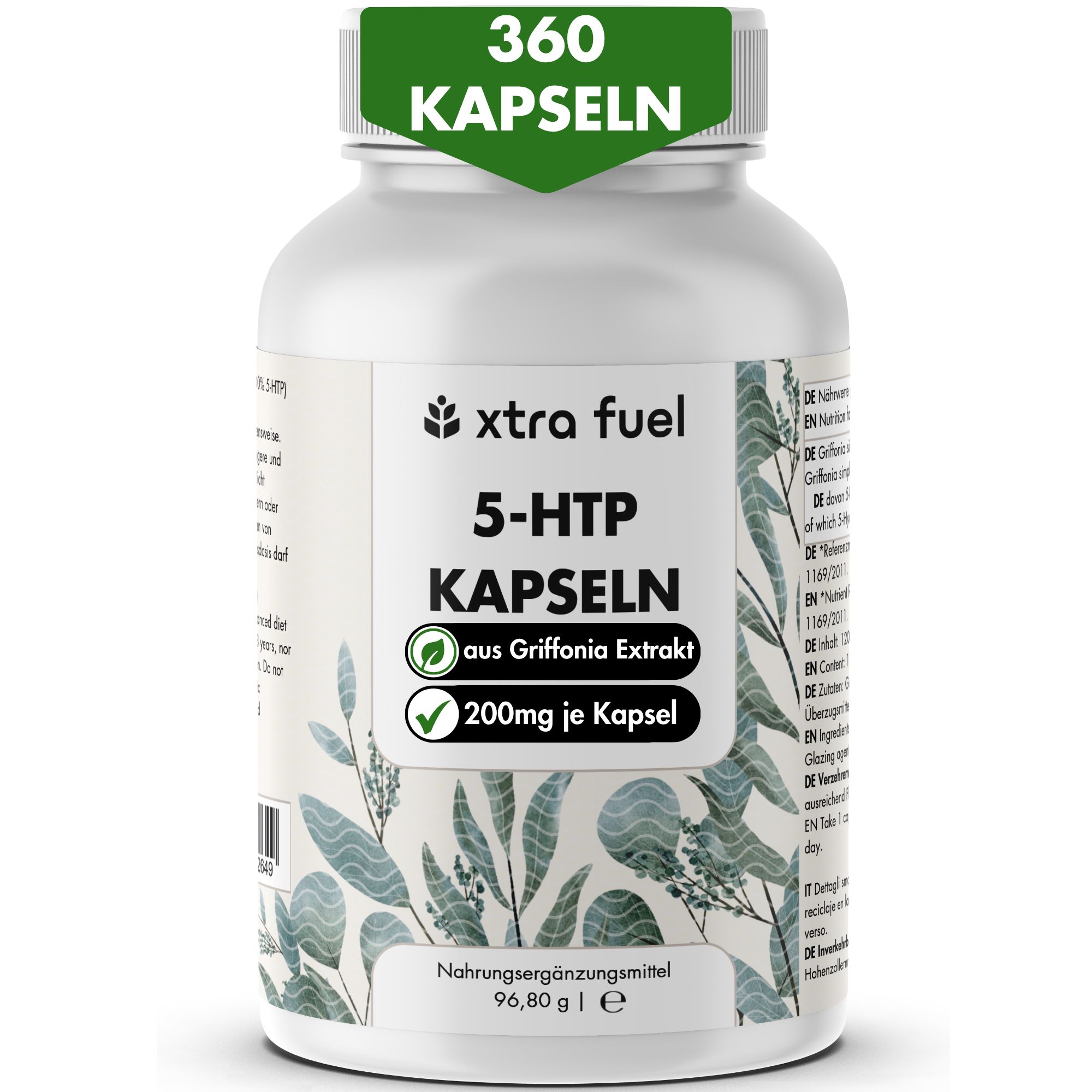 Weiße Flasche mit Kapseln. Aufschrift: XTRA FUEL 5-HTP KAPSELN, 360 Kapseln. 200mg je Kapsel. Aus Griffonia Extrakt.