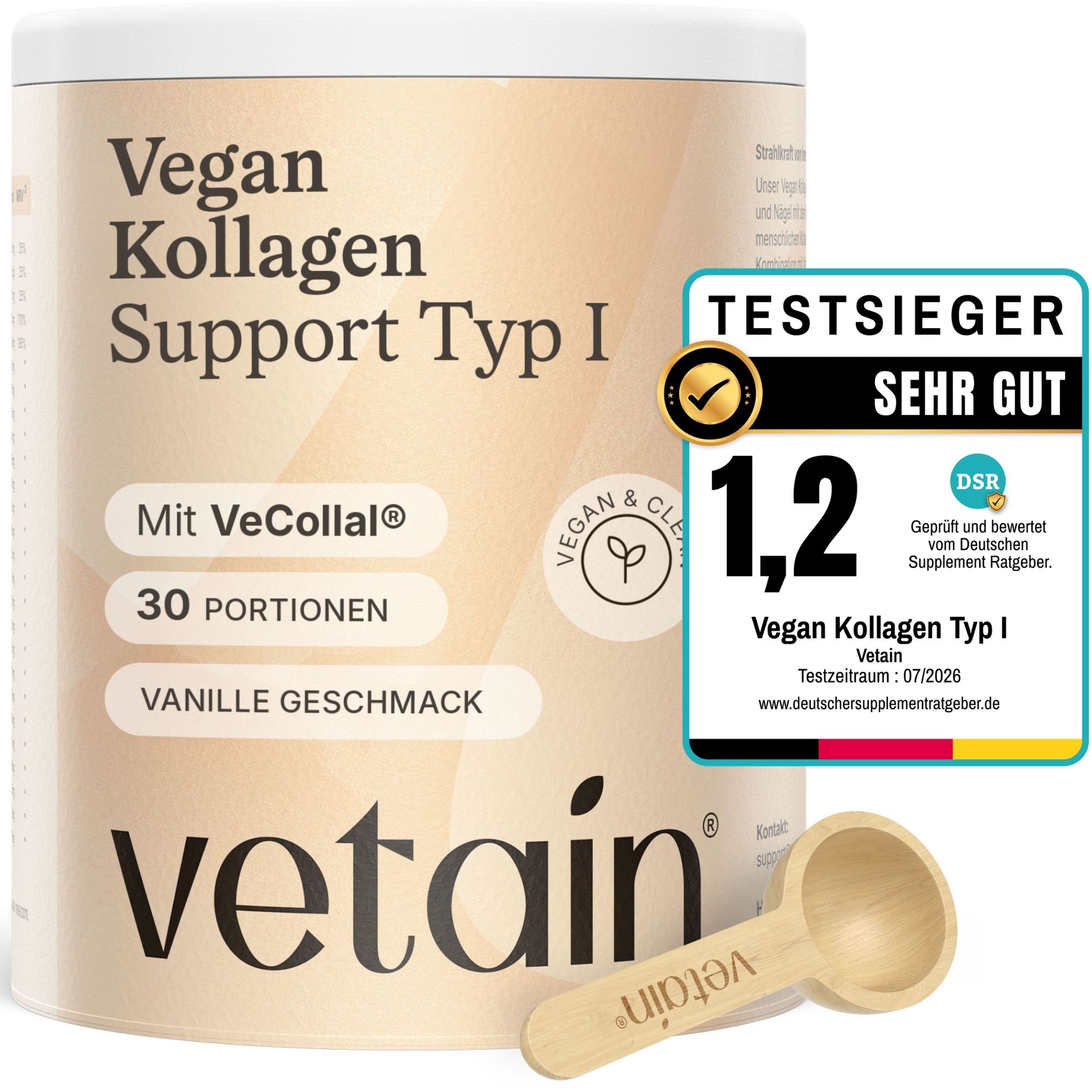 Vetain Vegan Kollagen Support Typ I Pulver in Vanillegeschmack, 30 Portionen. Enthält VeCollal. Auszeichnung "Testsieger Sehr Gut 1,2".
