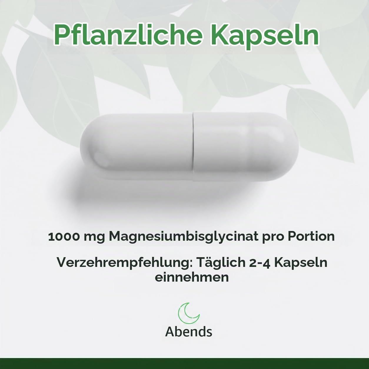 Eine weiße Kapsel mit einem geteilten Gehäuse, die 1000 mg Magnesiumbisglycinat pro Portion liefert.