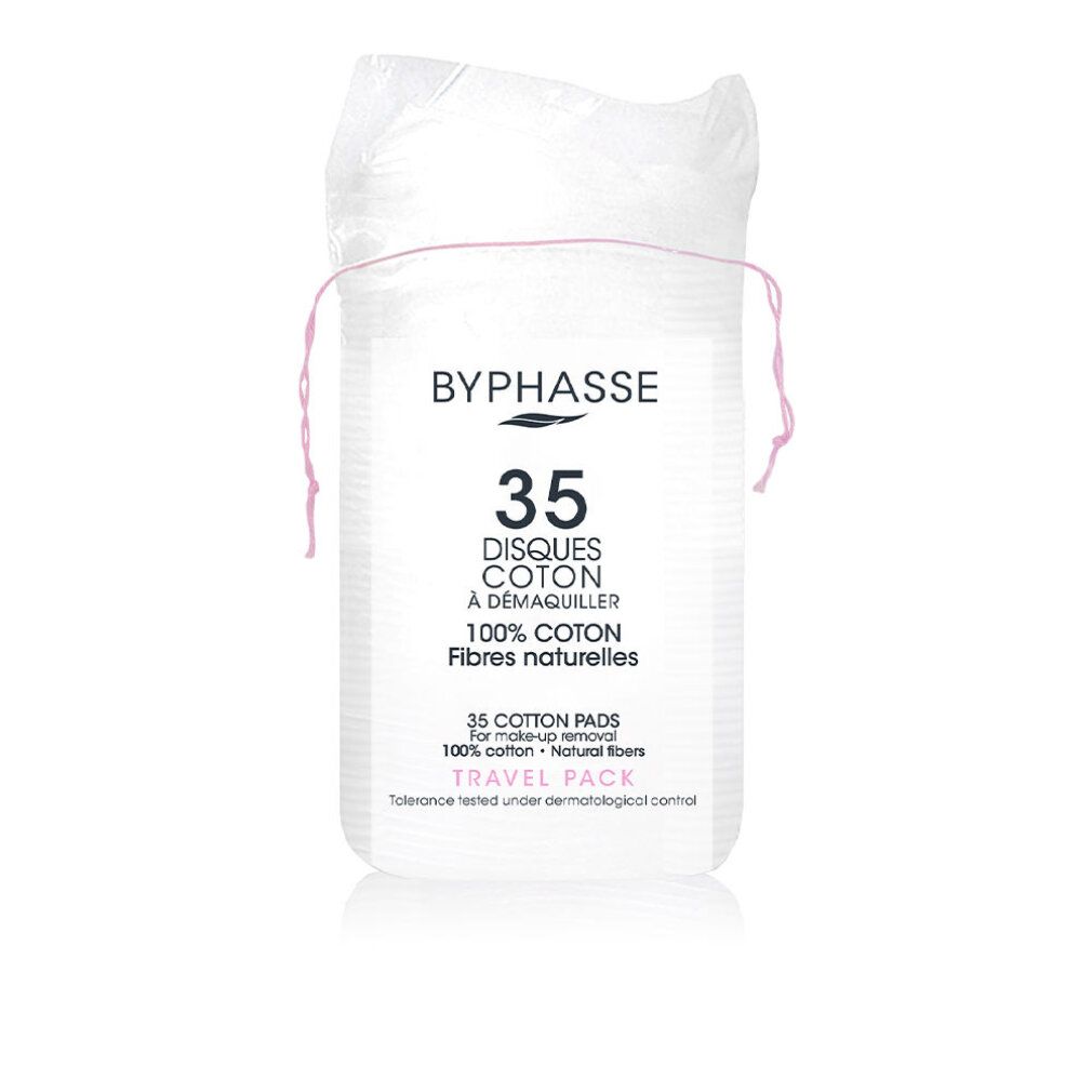 Verpackung mit Wattepads. Aufschrift: Byphasse, 35 Disques coton à démaquiller, 100% Coton, Fibres naturelles. Travel Pack.