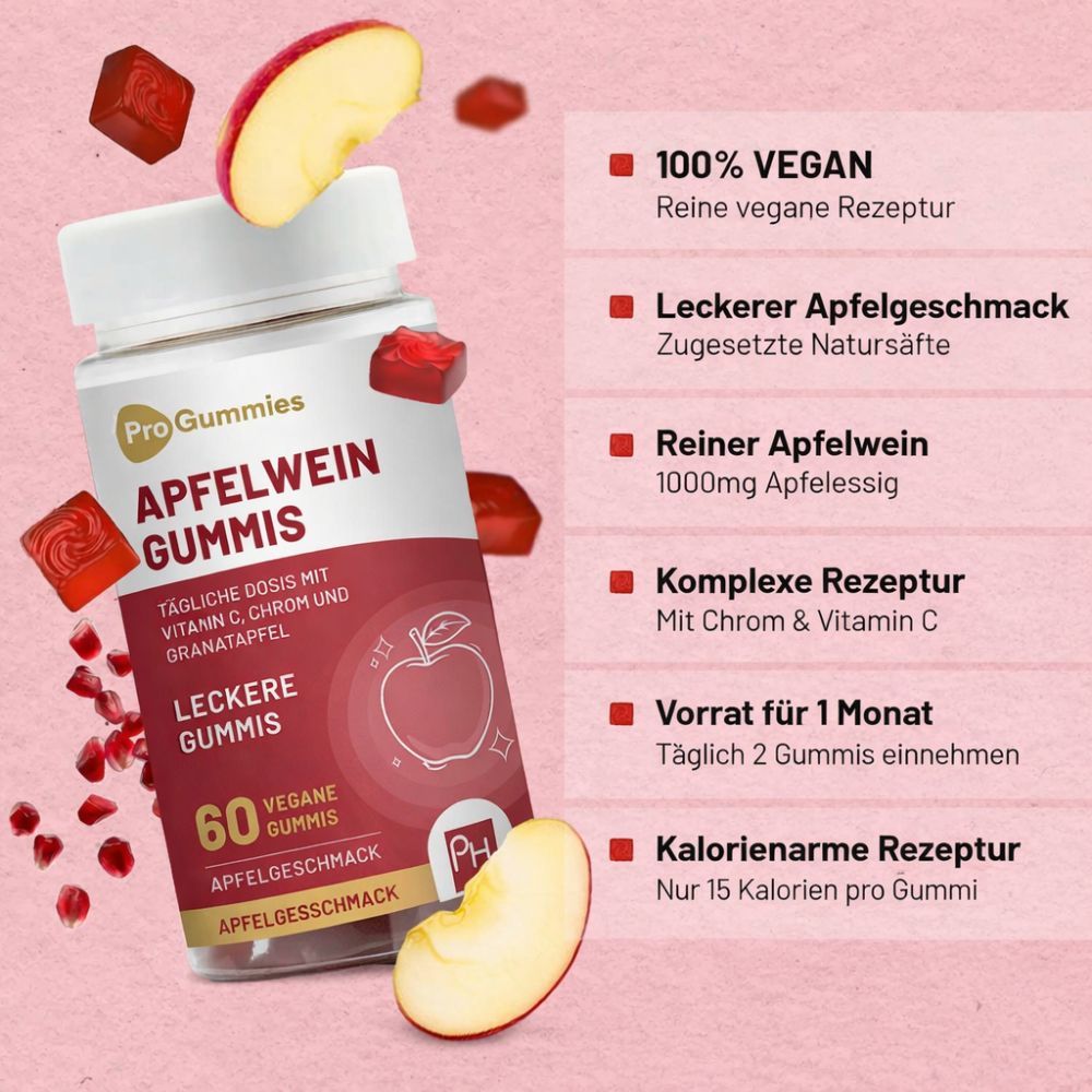 Flasche mit „Apfelwein Gummies“. Rote Gummibärchen und Apfelstücke umgeben die Flasche. Text: 60 vegane Gummies, Apfelgeschmack.