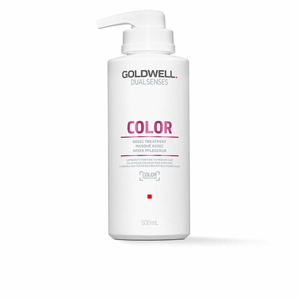 Weiße Flasche mit Pumpe. Aufschrift: GOLDWELL DUALSENSES COLOR. Text und rotes Quadrat. 500ml.