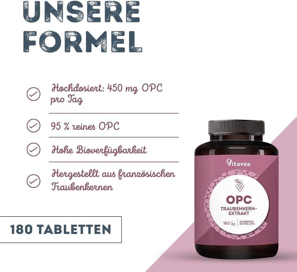 Produktflasche mit Etikett. Text: OPC Traubenkernextrakt, 180 Tabletten. Aufzählung: 450 mg OPC pro Tag, 95% reines OPC.