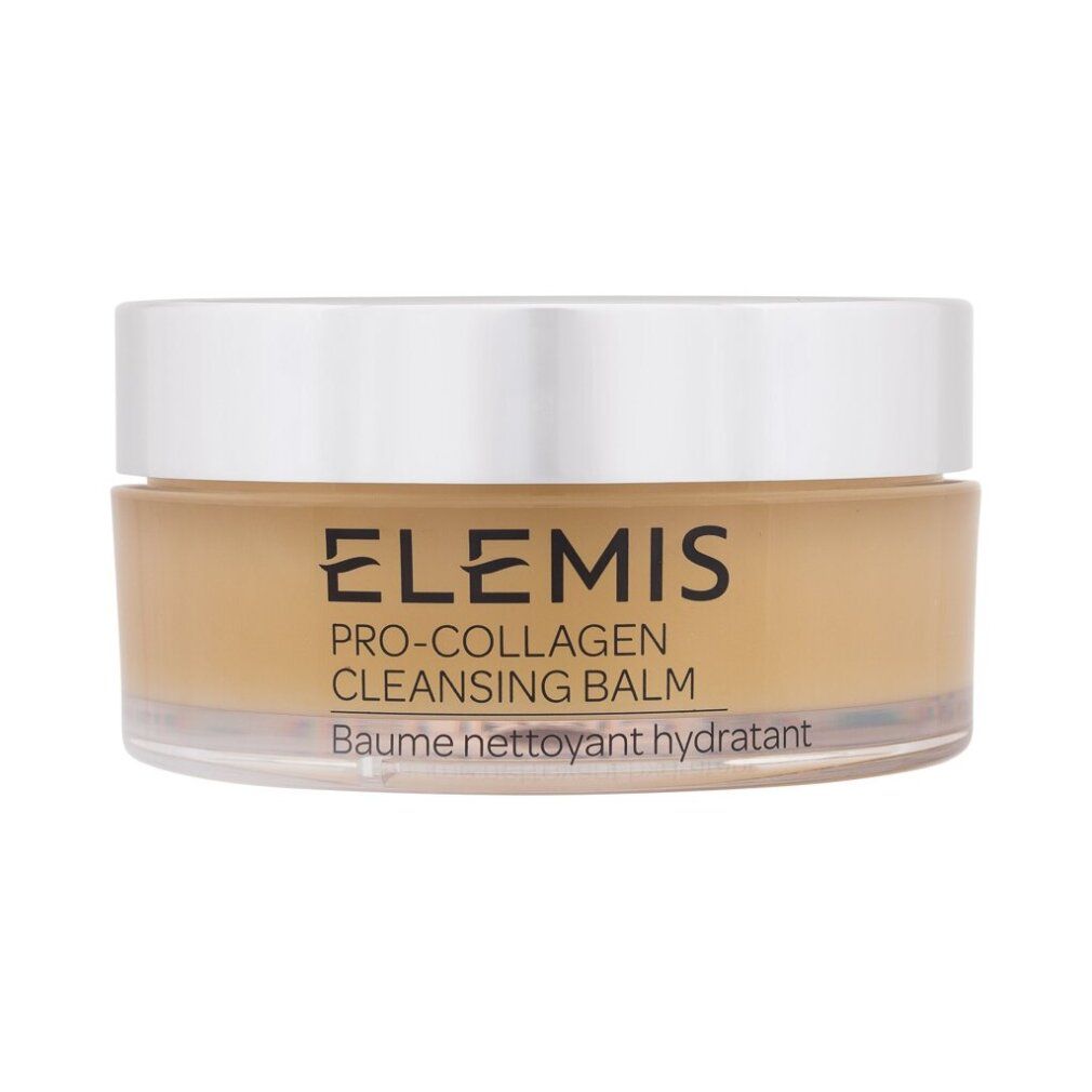Behälter mit Balsam. Aufschrift: Elemis Pro-Collagen Cleansing Balm. Deckel silberfarben, Glasbehälter. Gelbliche Creme sichtbar.
