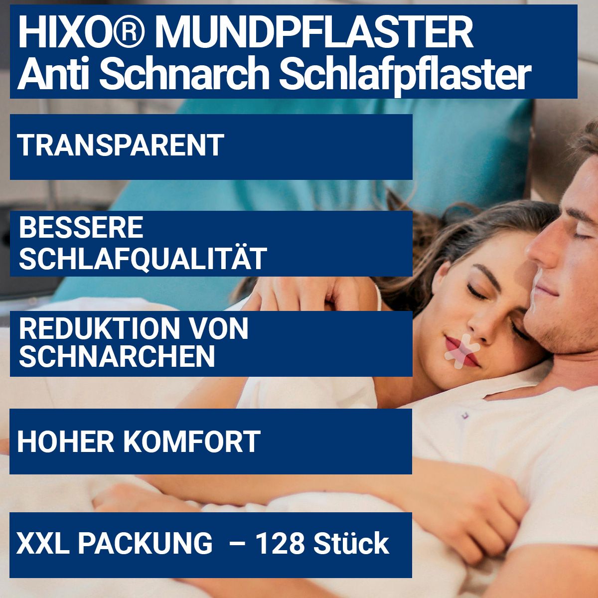 Paar im Bett. Frau mit Mundpflaster. Text: HIXO Anti Schnarch Schlafplaster, bessere Schlafqualität, 128 Stück.