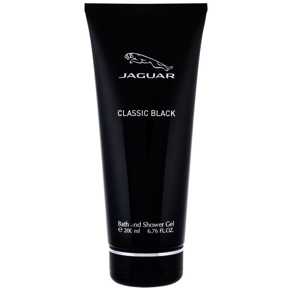 Schwarze Tube mit Jaguar-Logo und Schriftzug CLASSIC BLACK. Produktbezeichnung: Bath and Shower Gel.