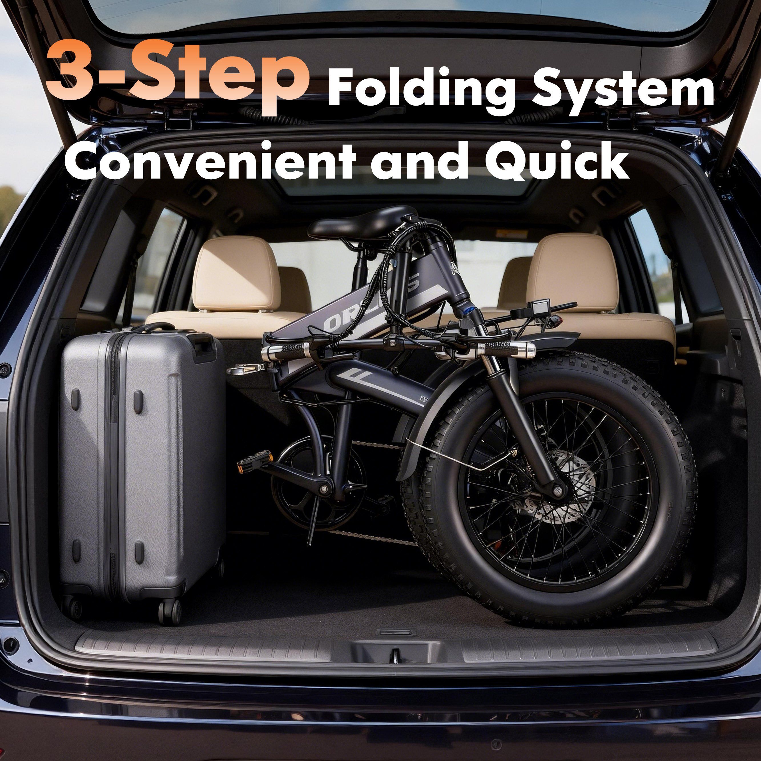 Gefaltetes schwarzes Elektrofahrrad im Kofferraum eines Autos. Ein Koffer steht daneben. Text: 3-Step Folding System.