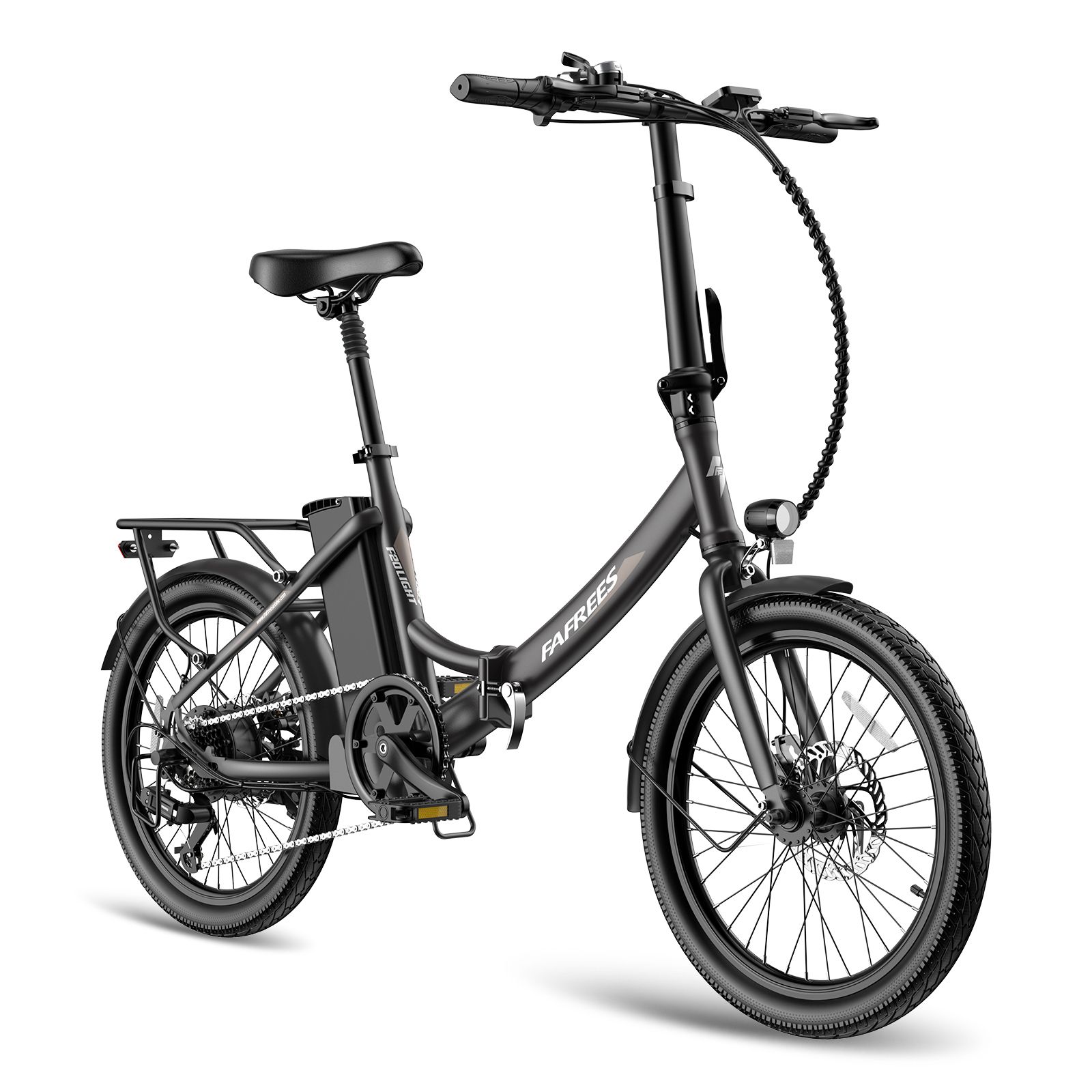 Schwarzes Falt-E-Bike mit Gepäckträger, Scheinwerfer und Akku. Marke FAFREES.