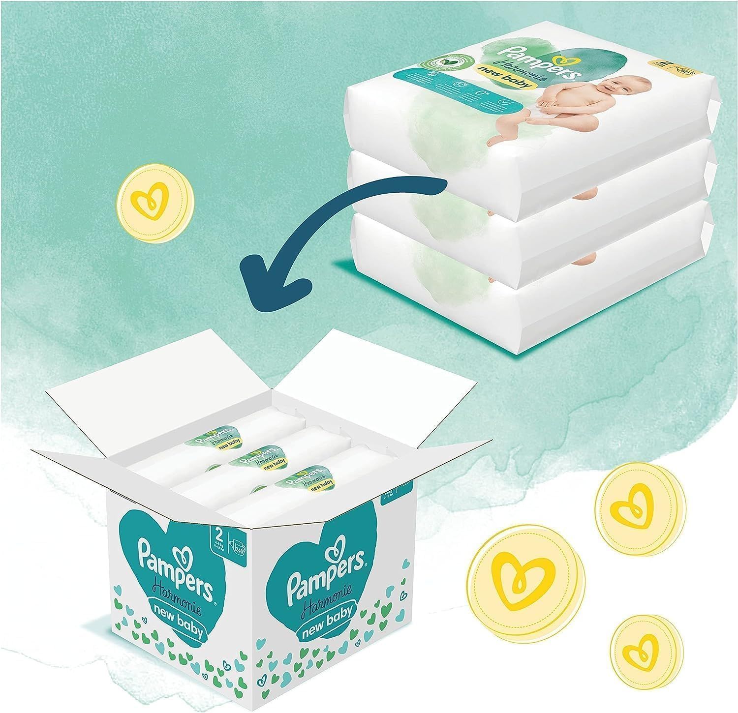 Pampers Harmonie Windeln in Kartonverpackung. Mehrere Packungen Windeln und gelbe Herzen-Symbole. Produktabbildung.
