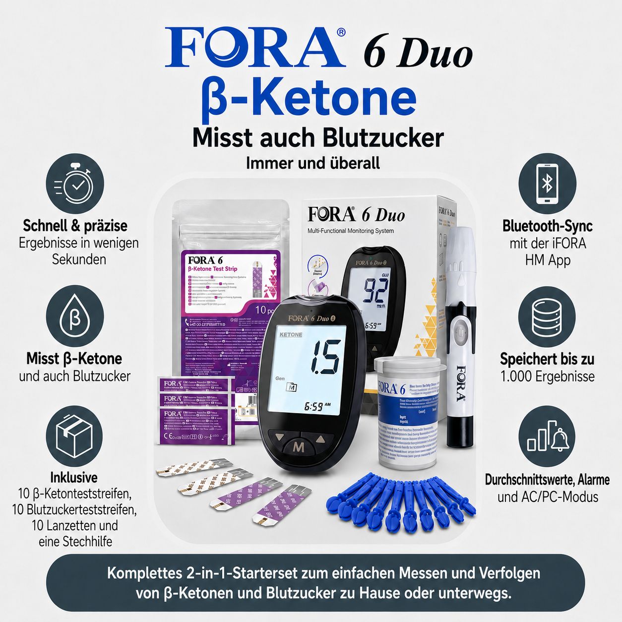 FORA 6 Duo Ketonmessgerät: Misst Keton und Blutzucker. Mit Teststreifen, Lanzetten, Stechhilfe und Bluetooth-Sync.