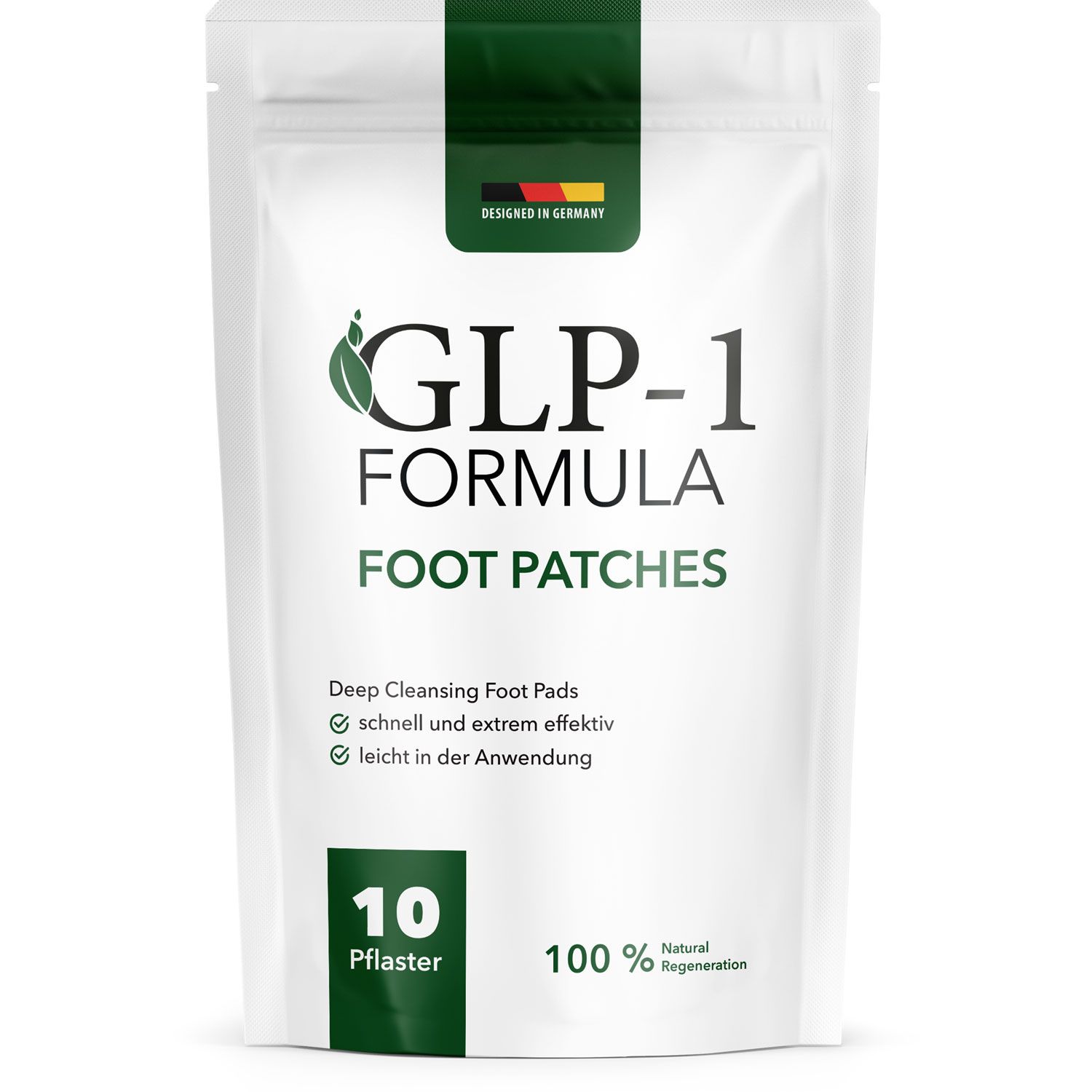 Weiße Verpackung mit GLP-1 FORMULA FOOT PATCHES. Enthält 10 Pflaster. Text: 100% Natural Regeneration. Hergestellt in Deutschland.