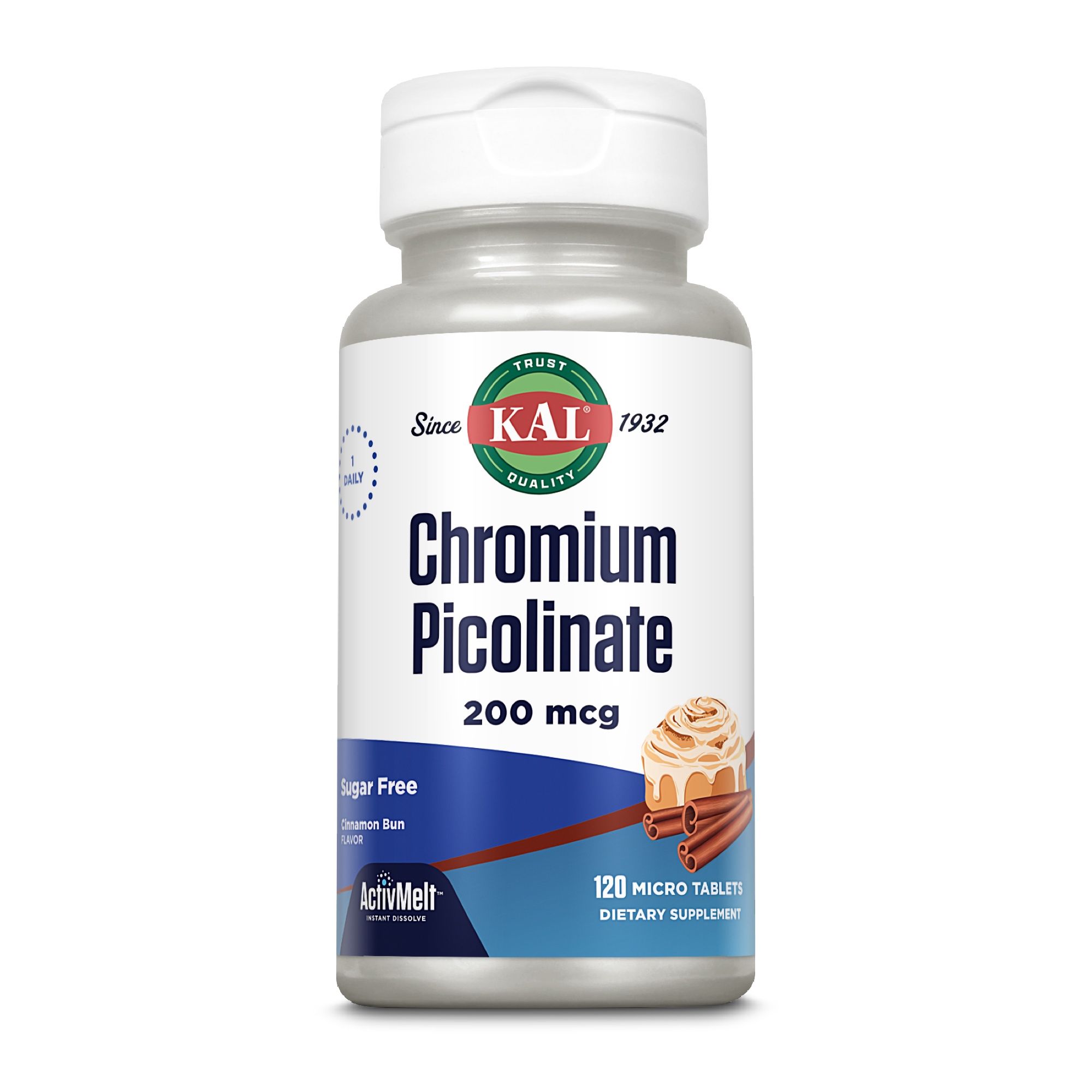 Eine Flasche KAL Chrom Picolinat 200 mcg ActivMelt. 120 Microtabletten. Aufschrift: Sugar Free. Zimtrolle.