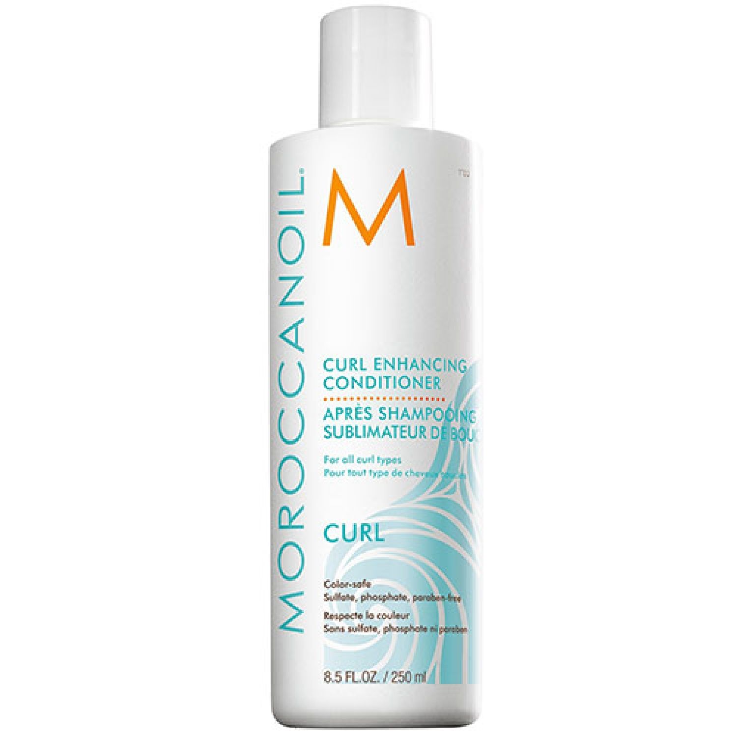 Weiße Flasche mit blauem Etikett. Text: Moroccanoil, Curl Enhancing Conditioner, 8.5 FL.OZ./250 ml.