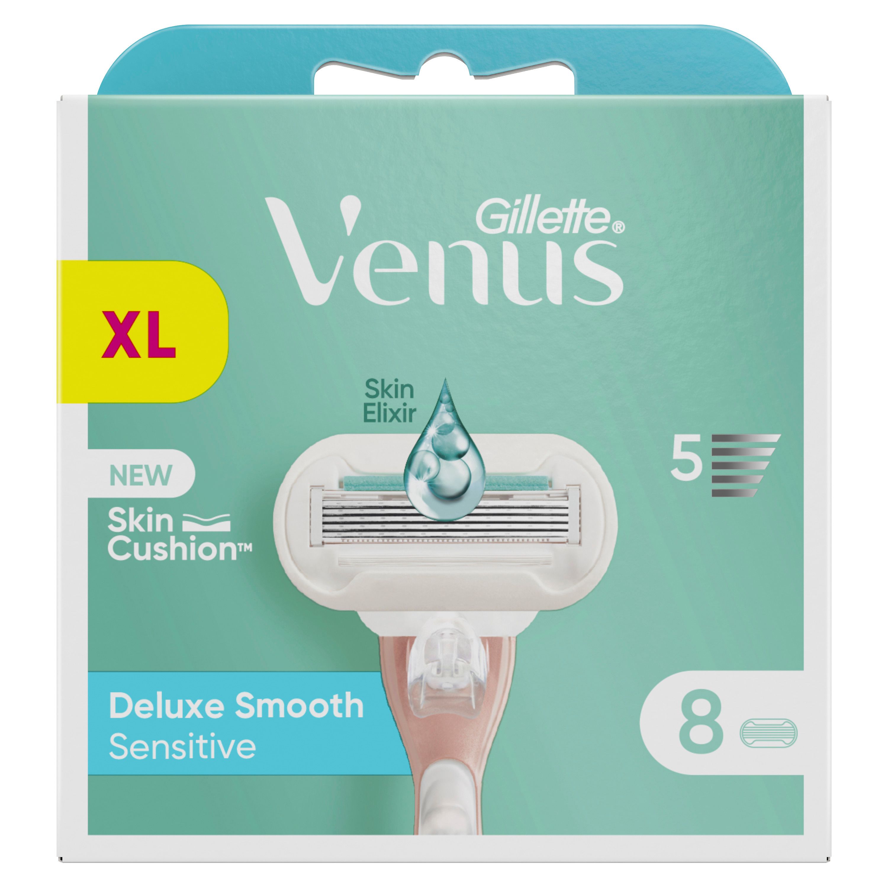 Packung mit Rasierer und 8 Klingen. Aufschrift: Gillette Venus Deluxe Smooth Sensitive. XL-Packung.
