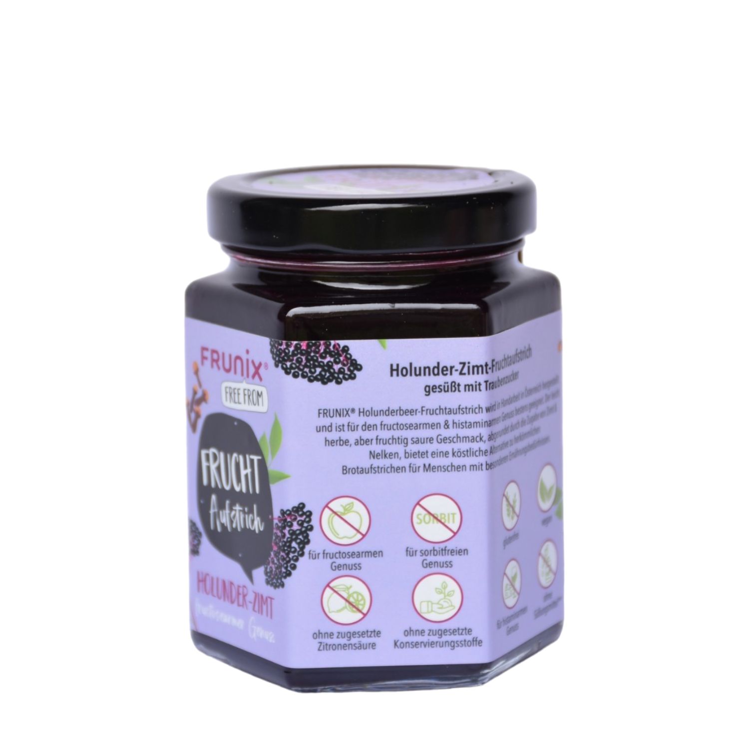 Glas mit Frunix Fruchtaufstrich Holunder-Zimt. Lila Etikett mit Produktnamen, Illustrationen und Logos. Schwarzer Deckel.